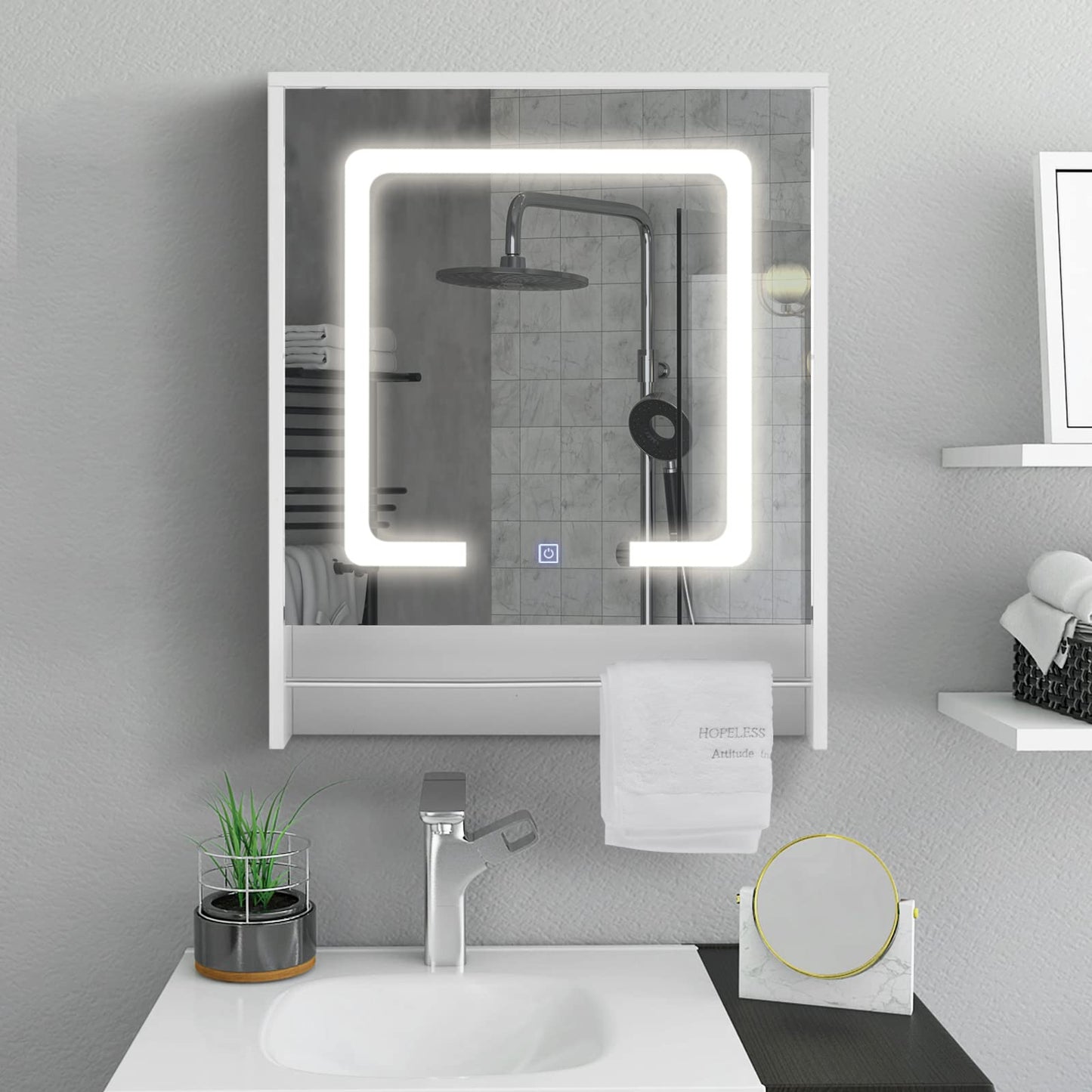 TUKAILAI Mirror Cabinet with LED Lighting, 6 Open Shelves and Adjustable Shelves, Bathroom Mirror with Touch Switch, Bathroom Mirror, Light Mirror, Wall Mirror, Bathroom Cabinet for Bathroom
