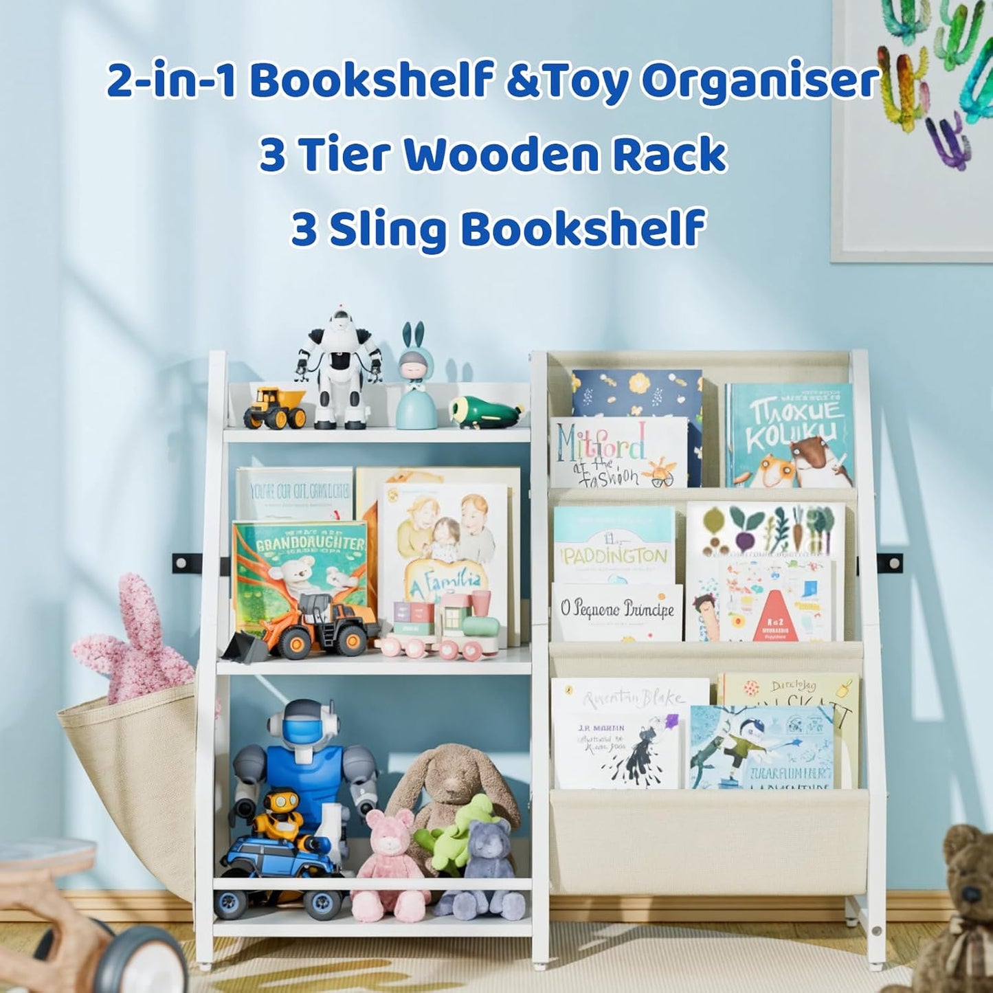 HAVLOTII Kids Bookcase and Toy Organiser Furniture, 3-Tier Bookcase for Kids, Montessori Bookcase, Bookcase for Kids Room, Bedroom, Playroom, Nursery