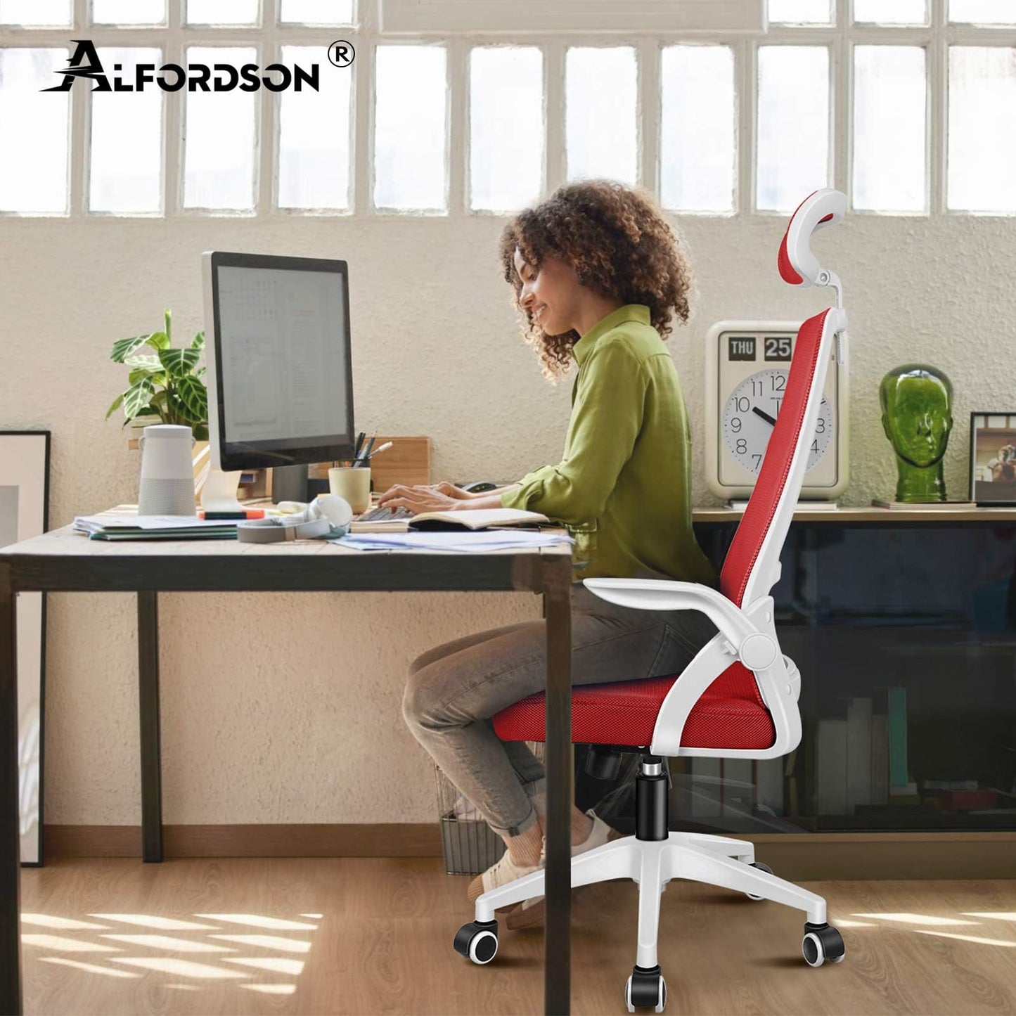 ALFORDSON Ergonomic Office Desk Chair, Computer Chair with Dynamic Lumbar Support, Tilting Swivel Chair with Flip Up Armrest, Black