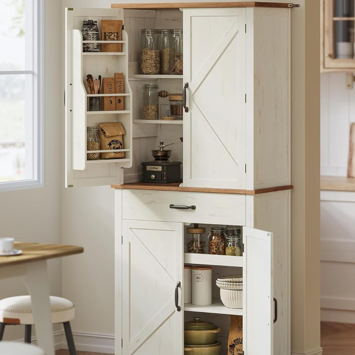 VASAGLE Kitchen Cabinet 70" Tall Multi Purpose Cabinet Country Style with Sliding Doors Drawer Shelf and Adjustable Shelves Kitchen Dining Room Vintage White BBK364W02