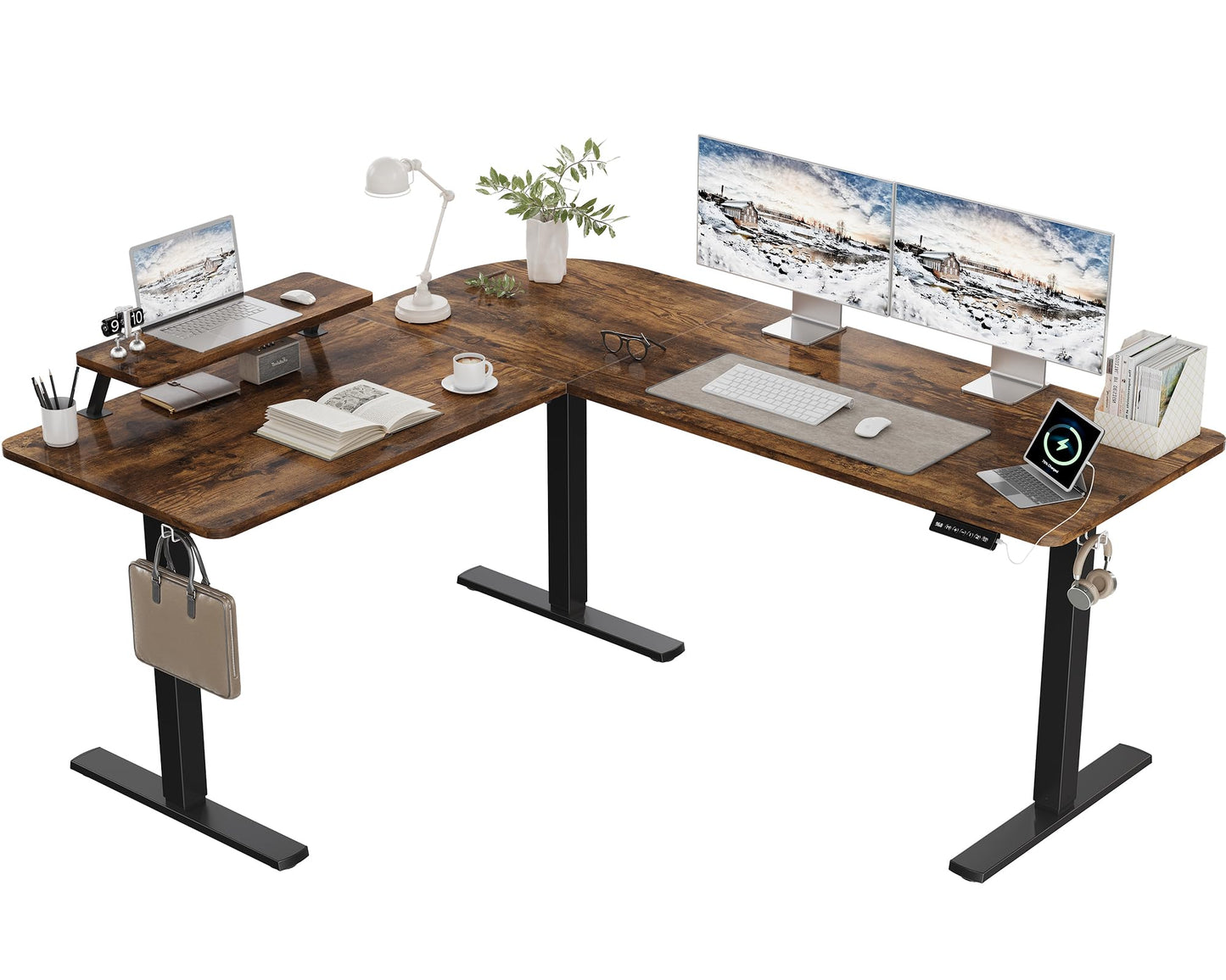 160 x 140 cm Corner Desk, Height Adjustable Desk, L Shape, L-shaped Desk, Height Adjustable, Single Motor, Shelf, Memory Control, 3 Legs, Black