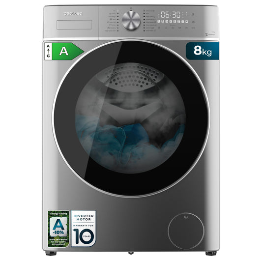 Cecotec Frontlader-Waschmaschine 10 kg Bolero DressCode 10800 Inverter Steel A, 1400 U/min, 16 Prog, Energieeffizienzklasse A, Inverter Plus Motor, SteamMax, Intelligentes Waschen und Ladungsdetektor