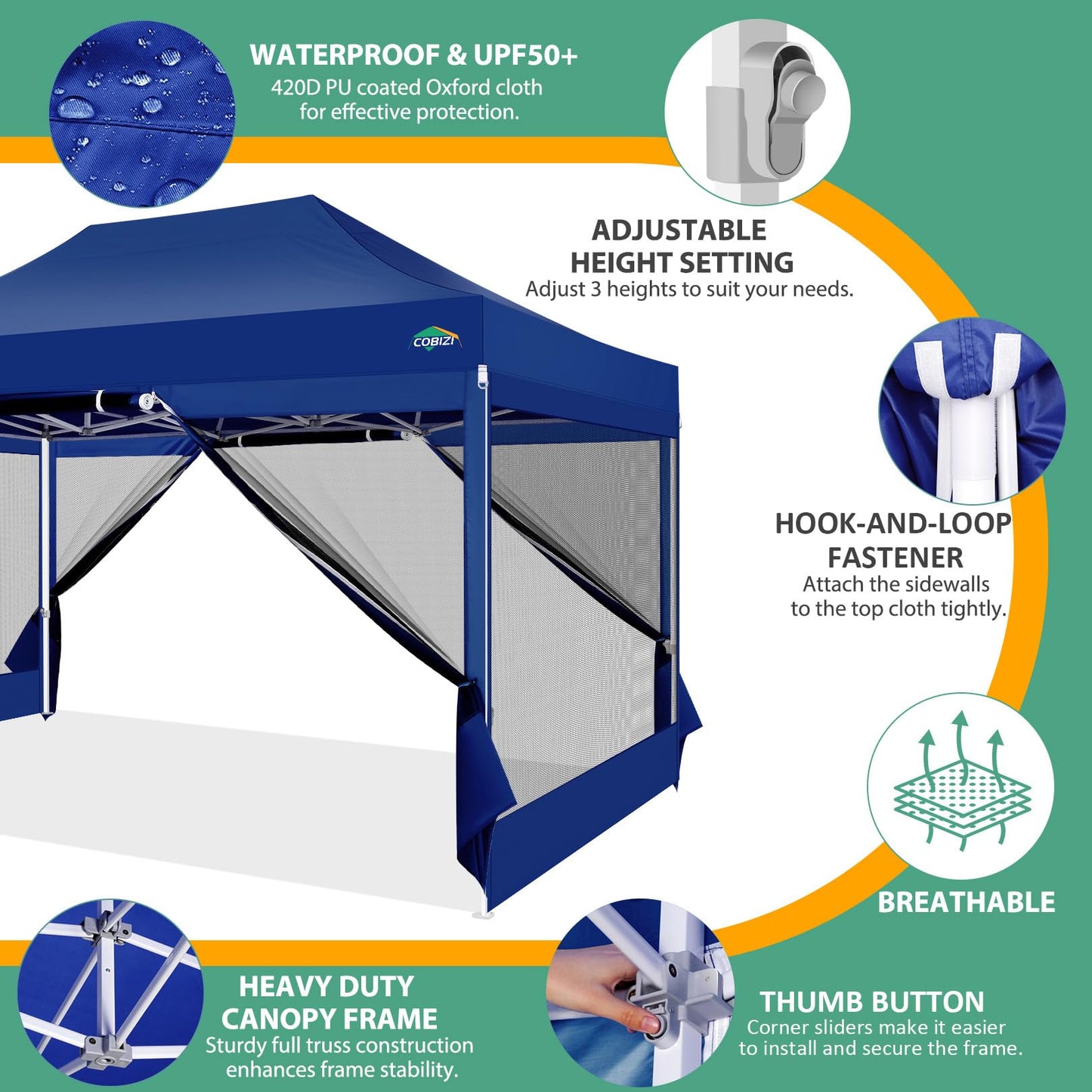 COBIZI Pavillon 3x3 Faltpavillon 3x3 Wasserdicht Stabil, Partyzelt Gartenpavillon UV-Schutz mit 4 Seitenwänden aus Mesh, Schwarz