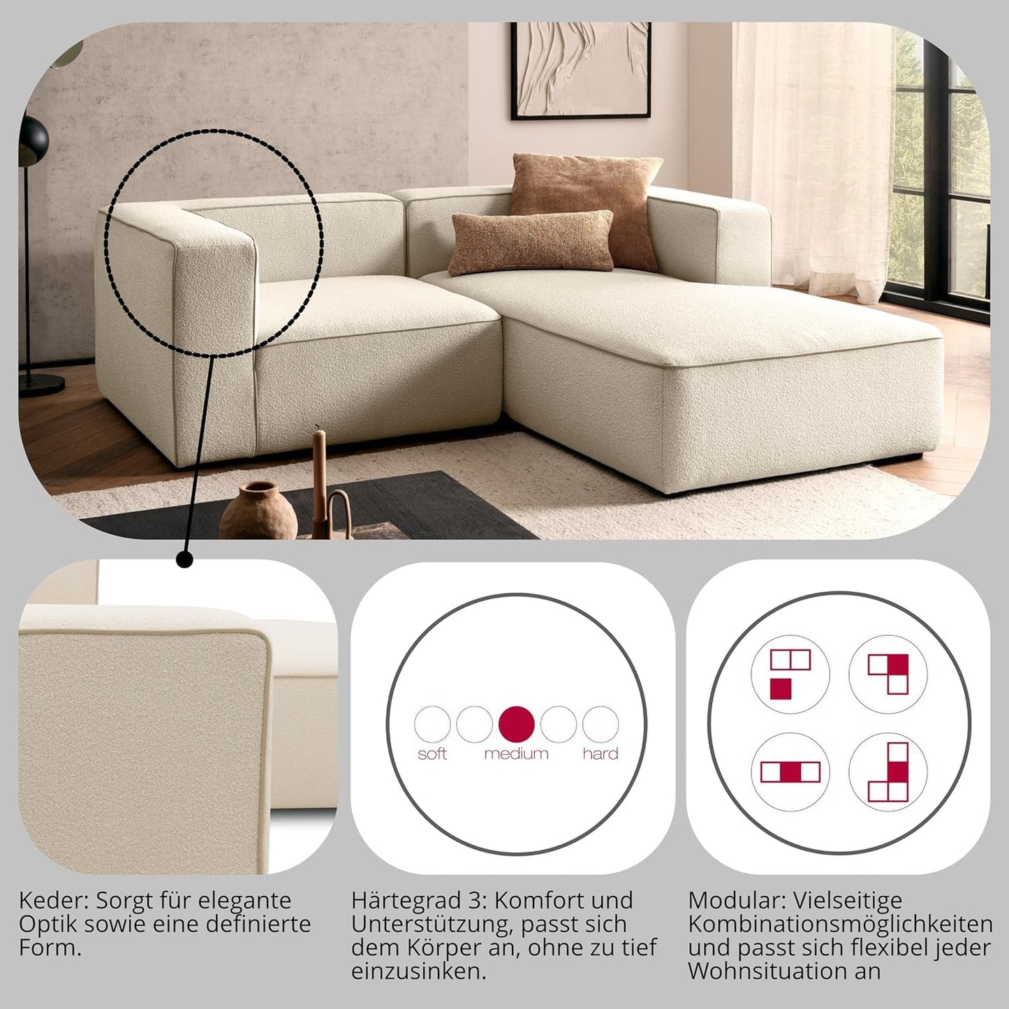 DOMO. collection Adrian Modular Sofa, 3-Seater Made of 2 x Corner Chairs and 1 x Chair, Big Sofa, Module Couch, 3 Upholstery Elements, 3-Seater Couch, 301 x 108 x 69 cm (W x D x H), Cream