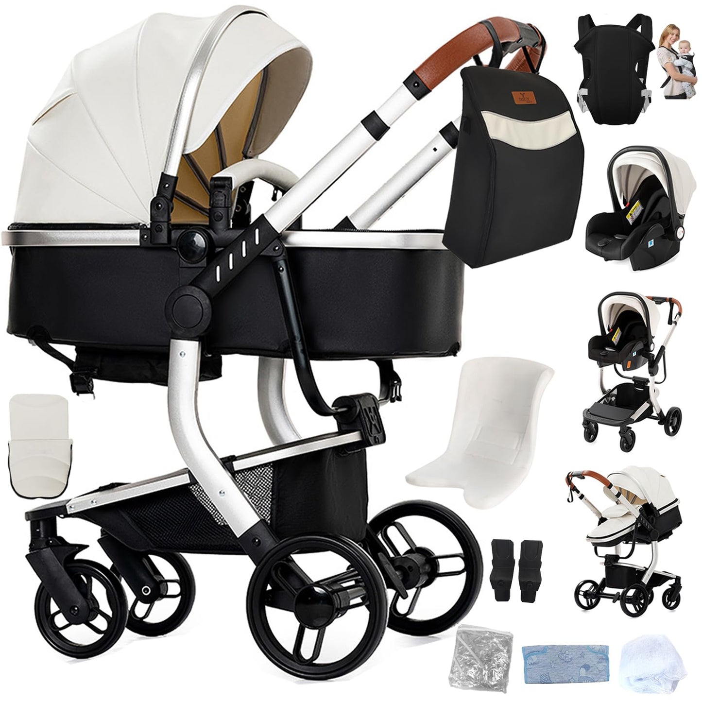 PU Leather Pushchair 3-in-1, Buggy with One-Click Folding Design, Pushchair with Two Reversible Sliding Modes, Combination Pushchair 3-in-1 Complete Set Frame Aluminium Alloy (518 Black)