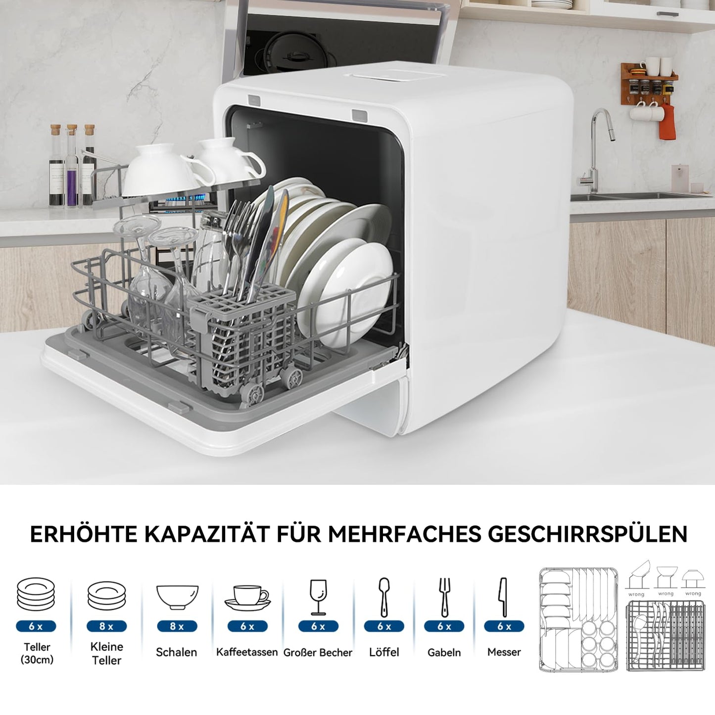 Mini Dishwasher for 3 Place Settings, Table Dishwasher with 7 Programmes with Drying Function, Can Be Used With/Without Water Connection, Dishwasher 4.8 L, Touch Control for Motorhomes, Homes