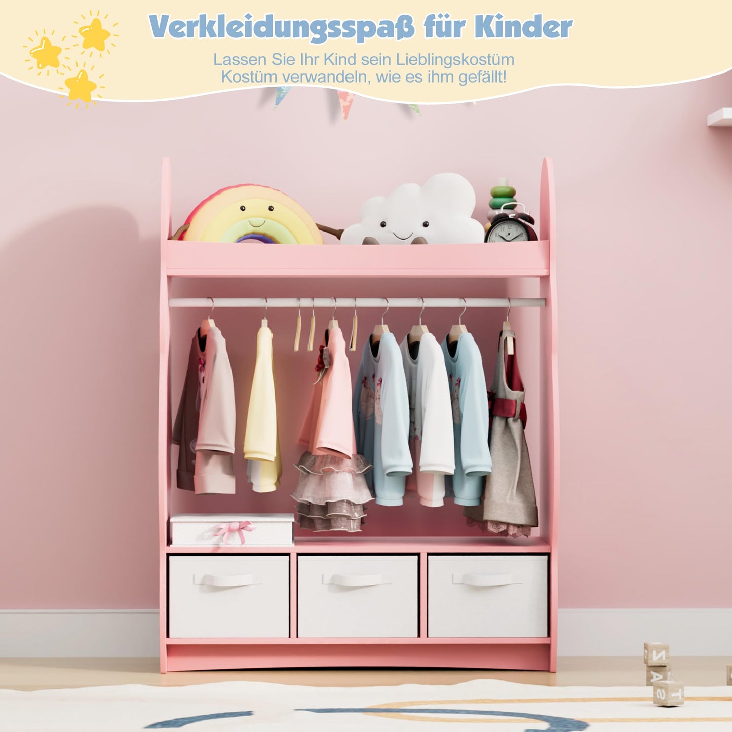 Children's Clothes Rack with Mirror, Clothes Rail with Shelves, Children's Wardrobe Wood, Children's Shelf for Children's Room, 81 x 28 x 106.5 cm (Clouds with 2 Drawers, White)