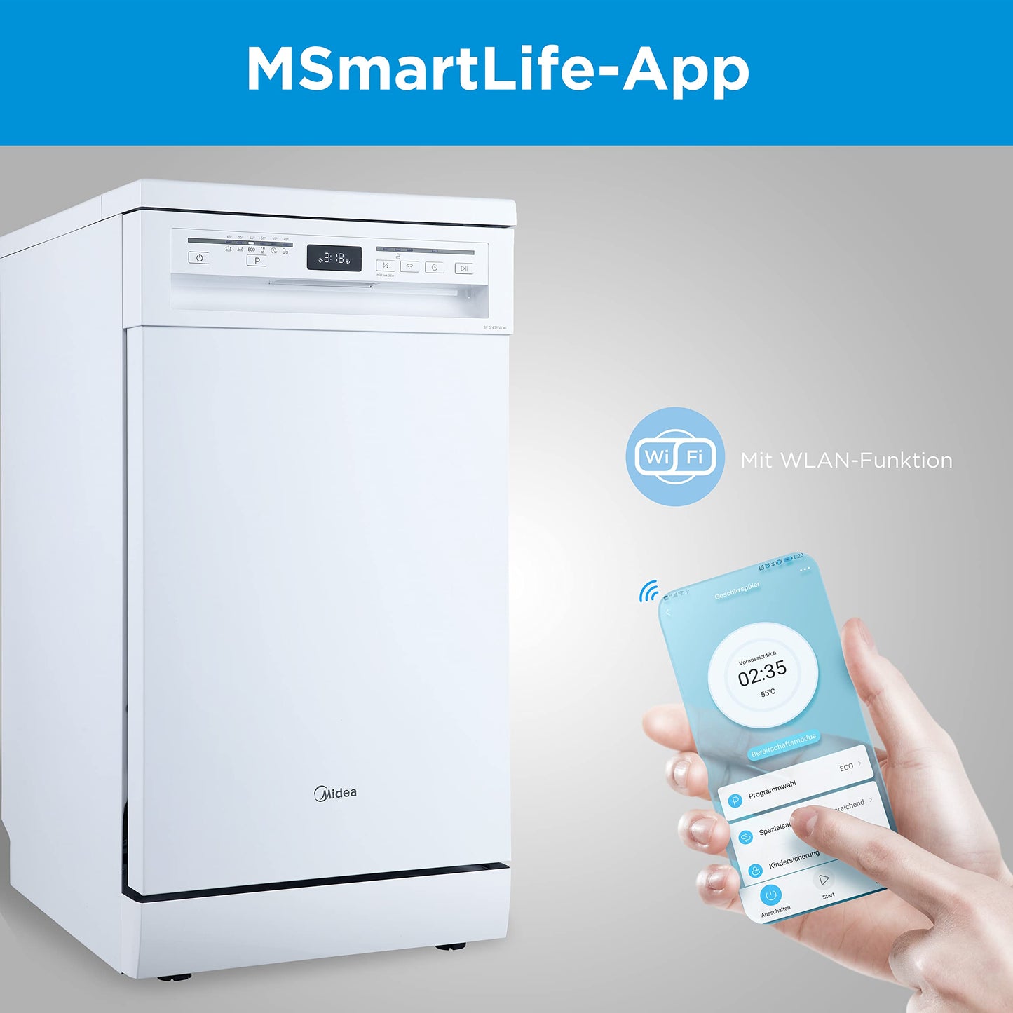 Midea SU 5.35X14CS Dishwasher Base, 14 MGD, Dishwasher 60 cm, Home Connect, Hygiene Care+, Machine Care +, Extra Drying, Half Load, 44 db, Start Delay, Stainless Steel