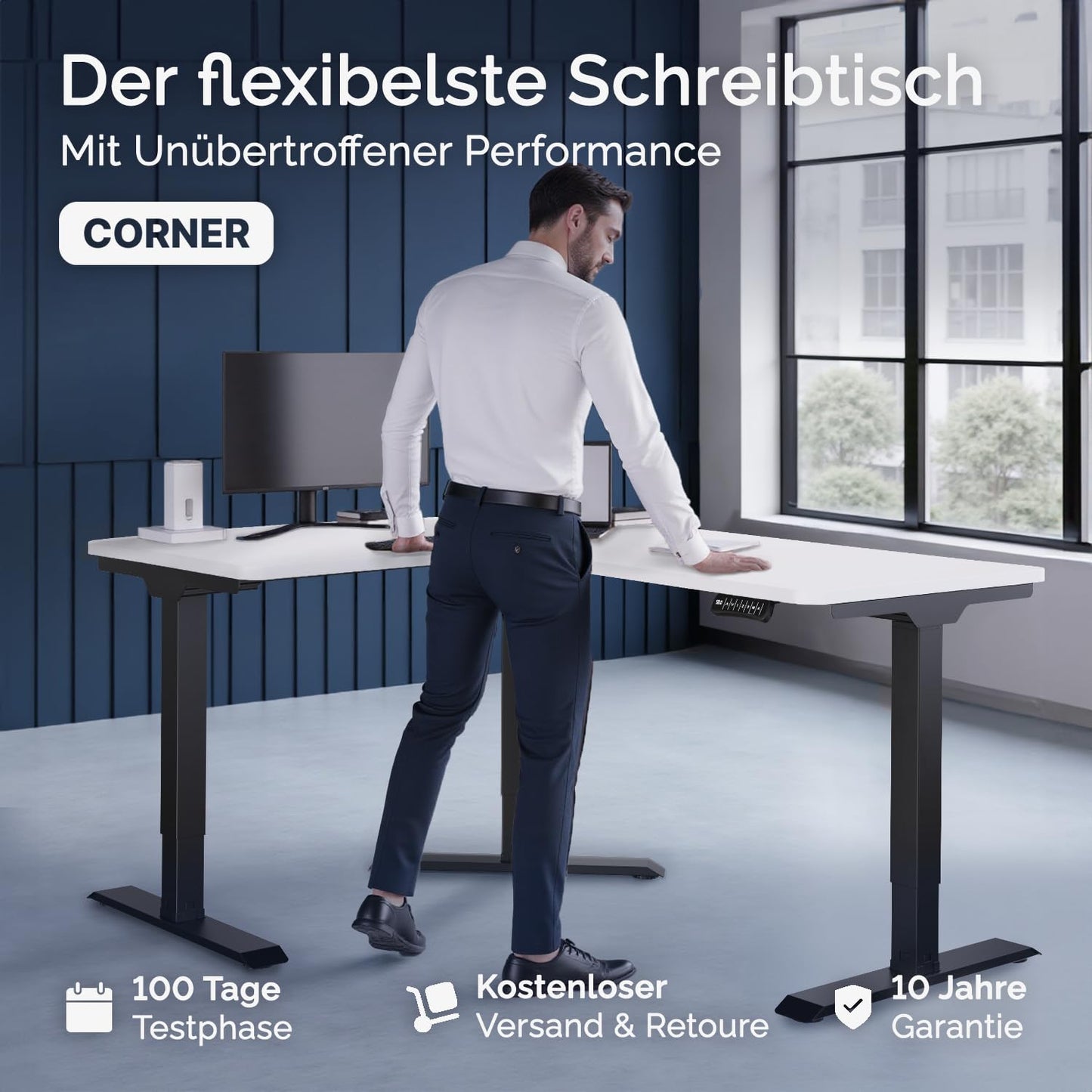 Corner Electric Height-Adjustable Corner Desk, Corner Desk with Memory Function and Anti-Collision Black Frame, Mahogany Table Top, 160 x 130 x 70 cm