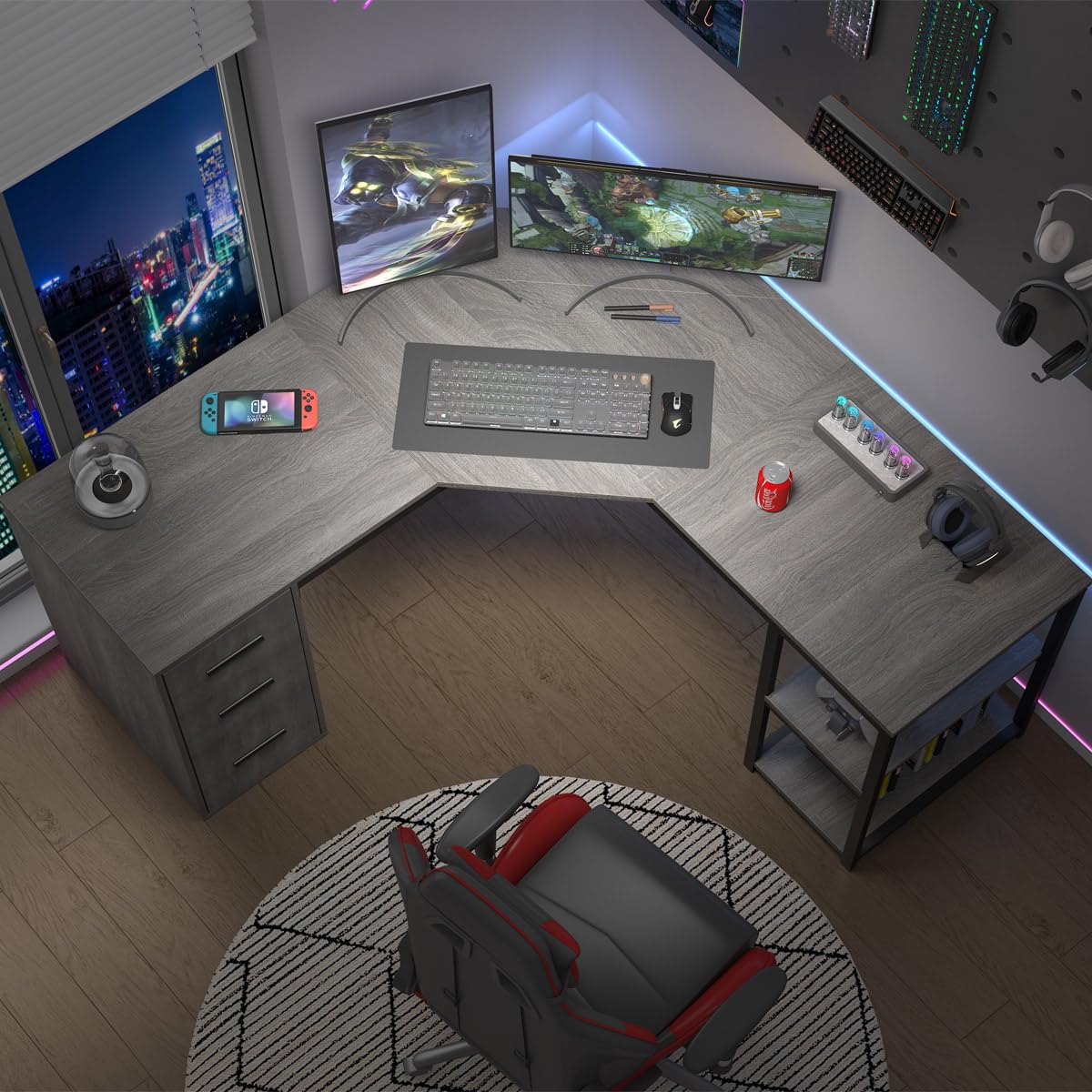 LVB White L Shaped Corner Desk with Drawers, Reversible Modern L Shaped Computer Desk with Storage Cabinets, Large L Shaped Wooden L Shaped Desk Metal L Shape