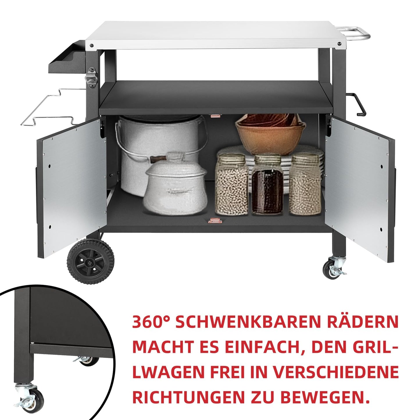 Barbecue Table with Large Work Surface | Grill Side Table, Outdoor Grill Trolley, Grill Table Outdoor, Stainless Steel Table Top, Outdoor Garden Trolley