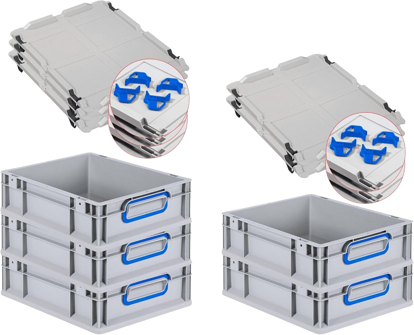 PROREGAL Economy Set of 5 Eurobox NextGen Colour with Lid and Sliding Snap Fasteners, H x W x D 22 x 30 x 40 cm, 20 L, Black, Closed Handles, Euro Container, Transport Box, Transport Container