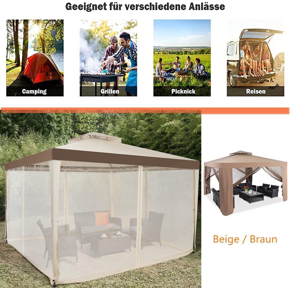 RELAX4LIFE 3 x 3 m Gazebo, Garden Gazebo with Iron Frame & Mosquito Net, Garden Tent with 4 Side Walls & Double Roof, Waterproof & Sunproof Party Tent for Party Camping (Brown)