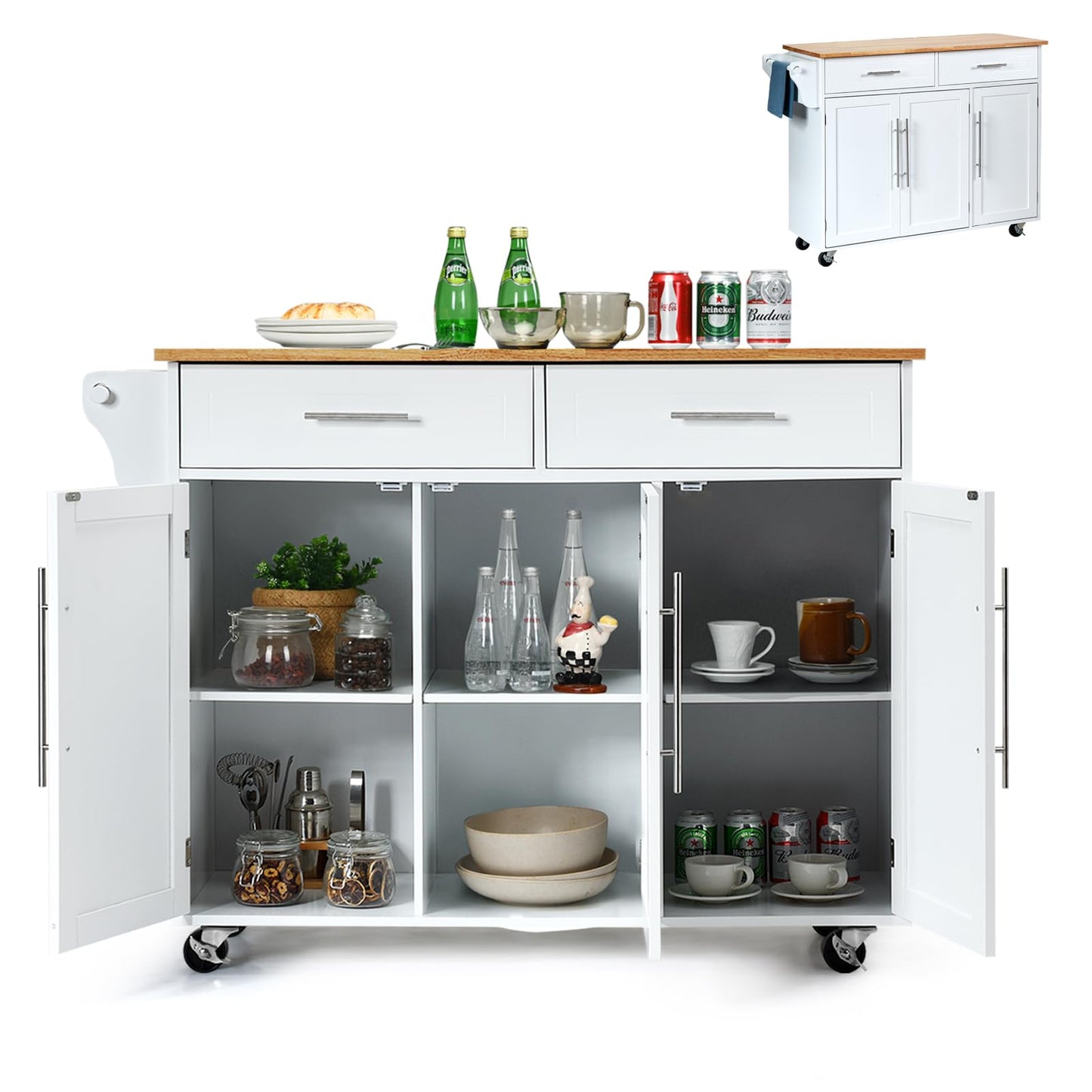 KOMFOTTEU Kitchen Trolley on Wheels, Wooden Serving Trolley with Worktop, Kitchen Island with Drawers, Towel Holder & Adjustable Shelves, Kitchen Cabinet Side Trolley Mobile 122 x 46 x 92 cm (Black)