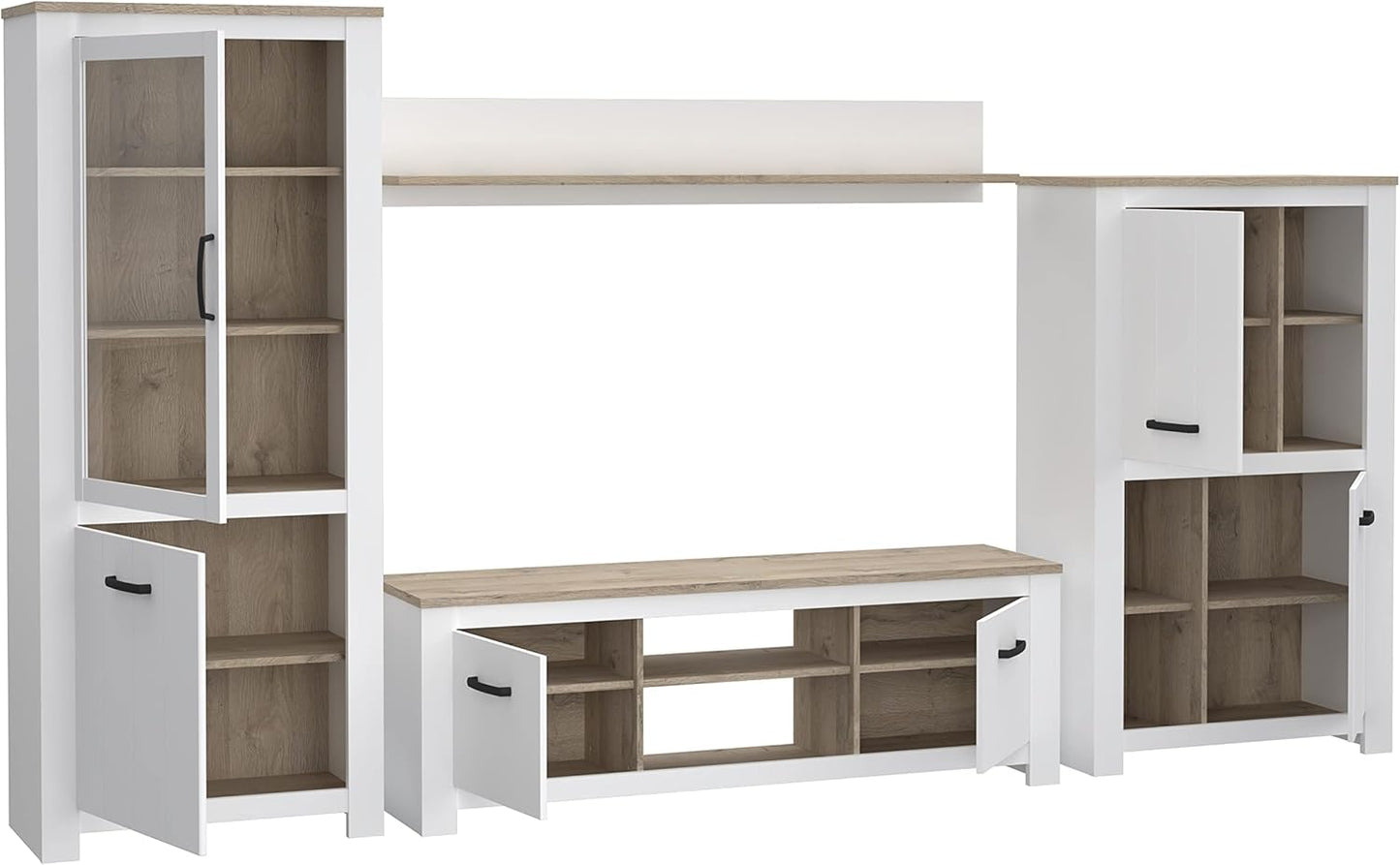 FORTE Elara Wall Unit with 5 Doors and 1 Glass Door, Wood Material, Matt White / Bianco Oak, 344 x 185 x 42 cm