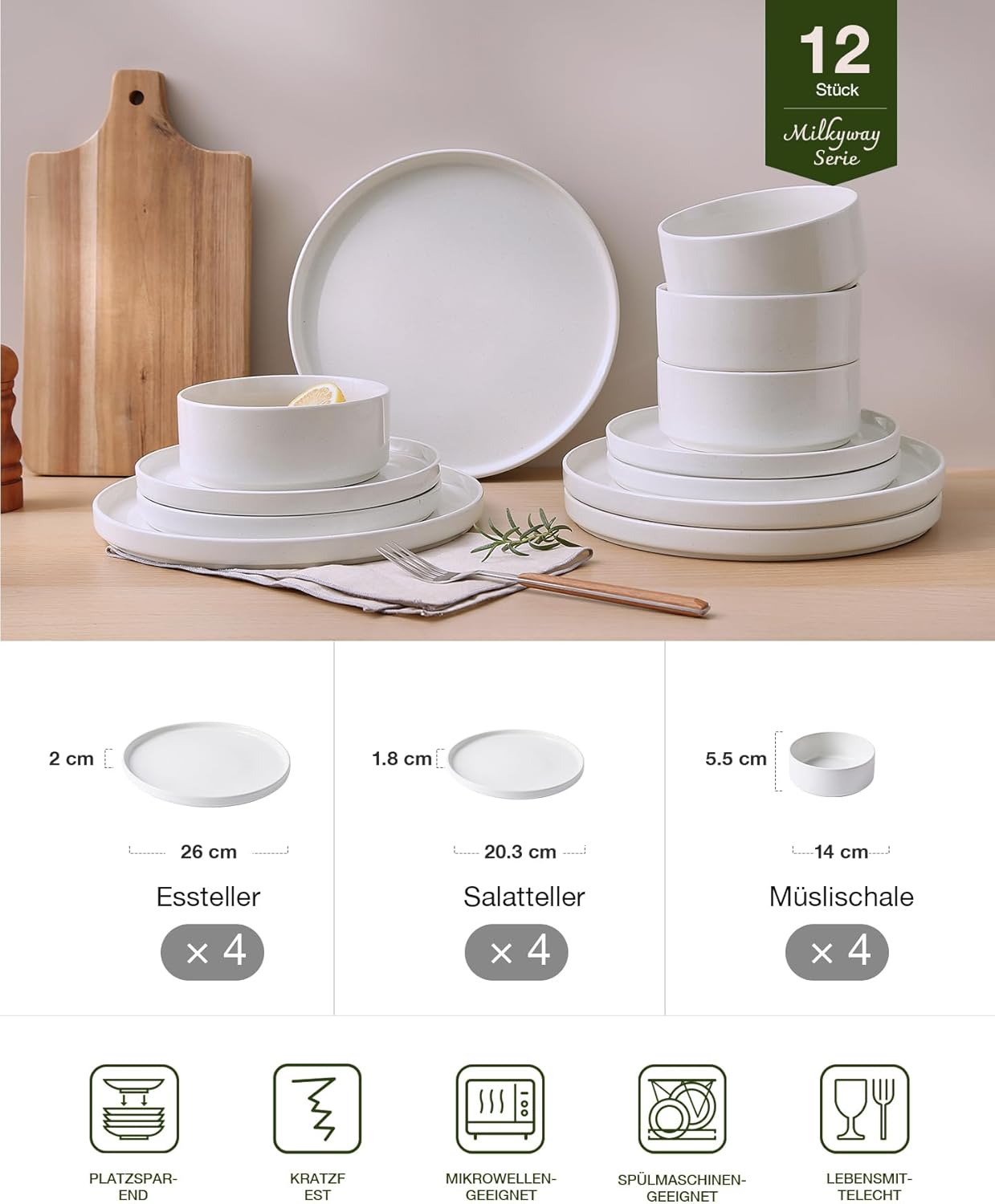 Star 18-Piece Plate Set, Crockery Set for 6 People, Stoneware Crockery Set, Anti-Scratch Dinner Service, Microwave & Dishwasher Safe, Cappuccino White
