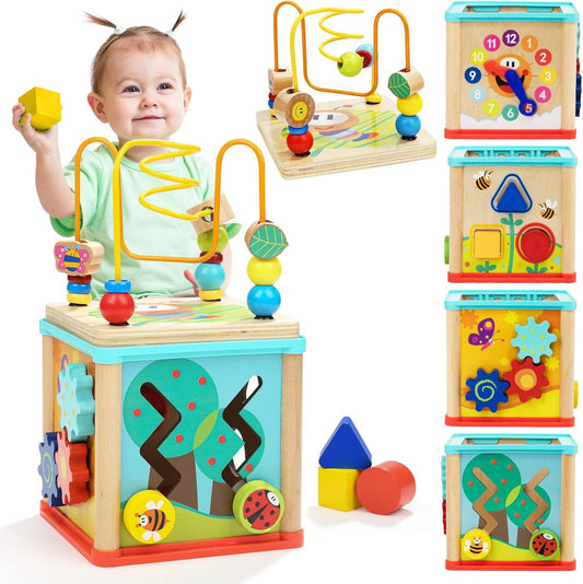 TOP BRIGHT Wooden Shape Sorter Activity Cube Toy for 1 Year Old Baby - 1st Birthday Gift for Girls Boys 12 Months +