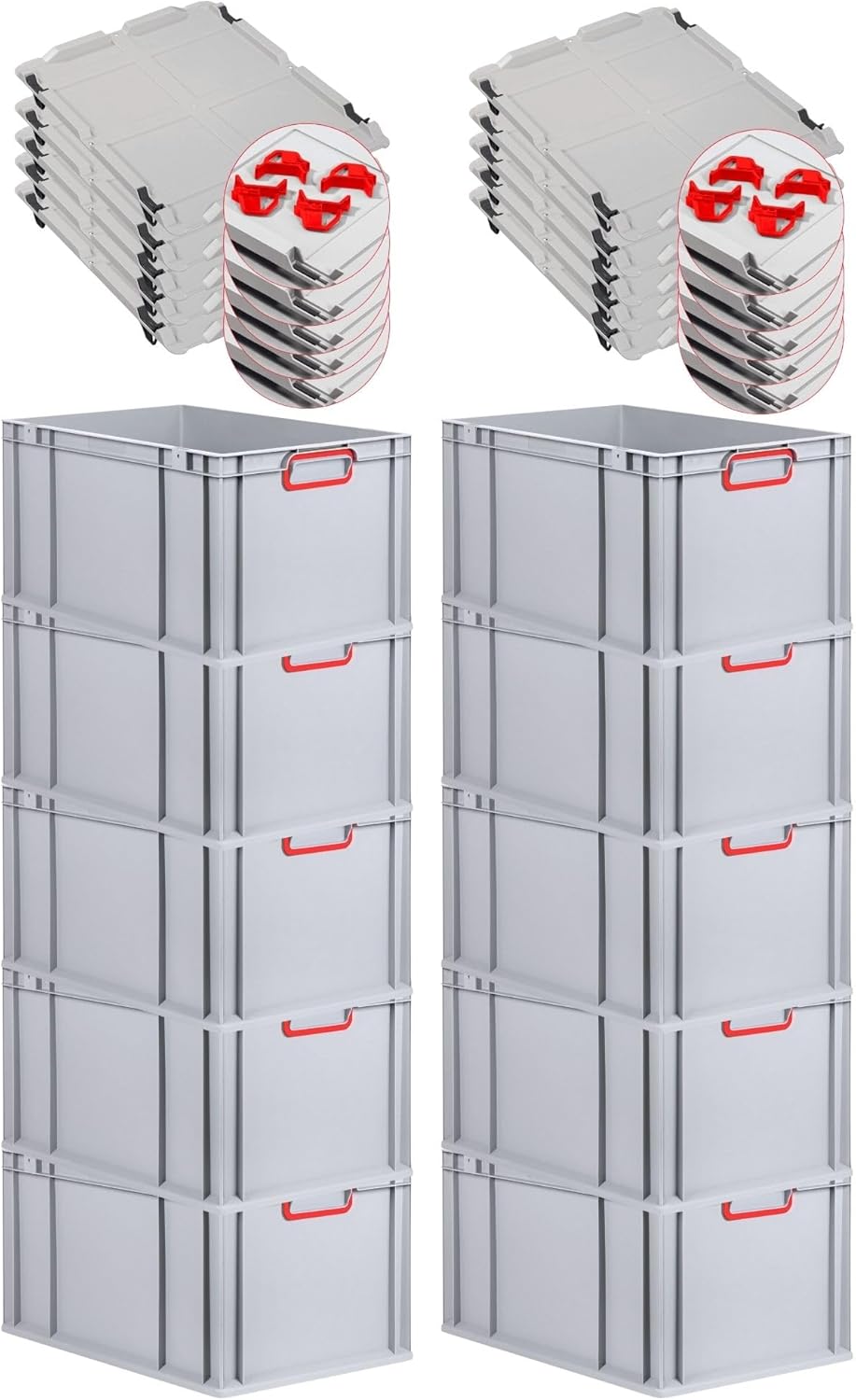 PROREGAL Economy Set of 5 Eurobox NextGen Colour with Lid and Sliding Snap Fasteners, H x W x D 22 x 30 x 40 cm, 20 L, Black, Closed Handles, Euro Container, Transport Box, Transport Container