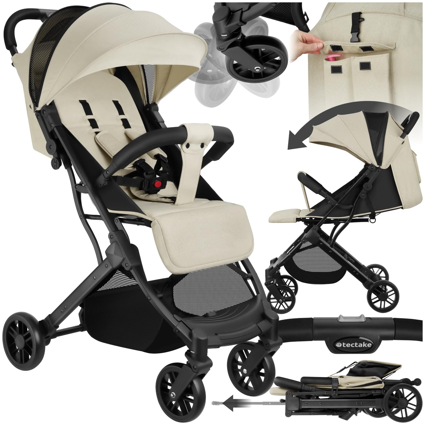 tectake® Buggy Pram from 0 to 3 Years, Baby First Equipment Newborn and Children's Buggy, One-Handed Foldable Travel Buggy, Travel Pram, Baby Pram with Hood - Grey/Beige
