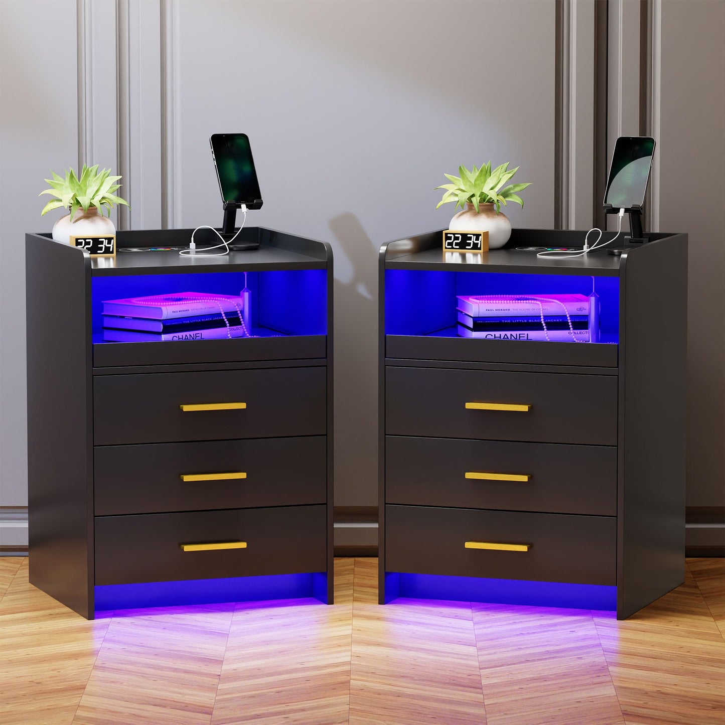 Lvifur Bedside Cabinet Set of 2 with Lighting, LED Bedside Table with Charging Function, 24 Colours Dimmable, Sideboard with 3 Drawers, USB Type-C Automatic Sensor, Bedroom, Grey