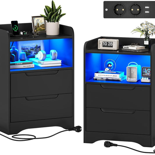 Bedside Table Set of 2 Bedside Tables with Charging Function and LED Light, Bedside Table, Set of 2 with 2 Drawers, Black Side Table, Black Coffee Table, Sofa Table for Bedroom, Living Room