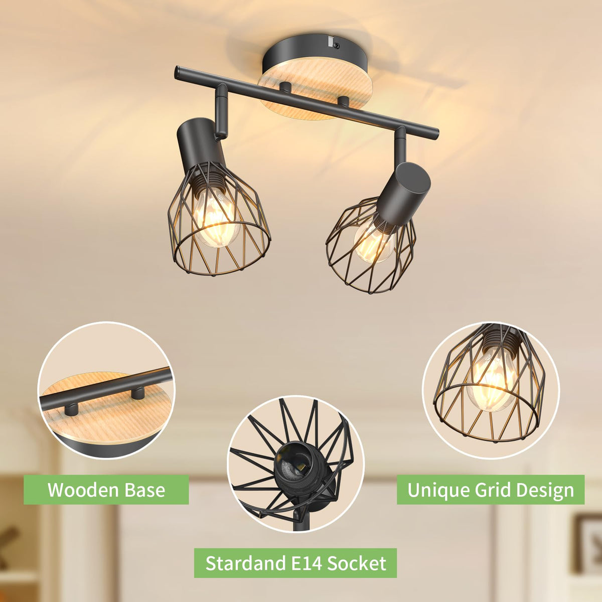 Kimjo 6-Bulb LED Ceiling Spotlight, Swivelling E14 Ceiling Spotlight, Black 6-Bulb Ceiling Light For Living Room, LED Kitchen Ceiling Light, Without Bulbs