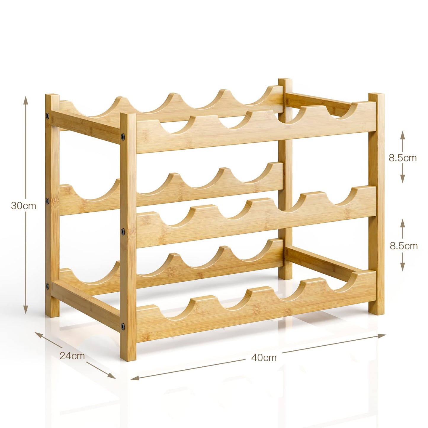 Dripex Wooden Wine Rack Bottle Rack, Small Wine Bottle Rack, Wine Bottle Holder 12 Bottles, Slim Wine Stand Standing, Drinks Rack Bottles for Cellar Kitchen, 3 Levels