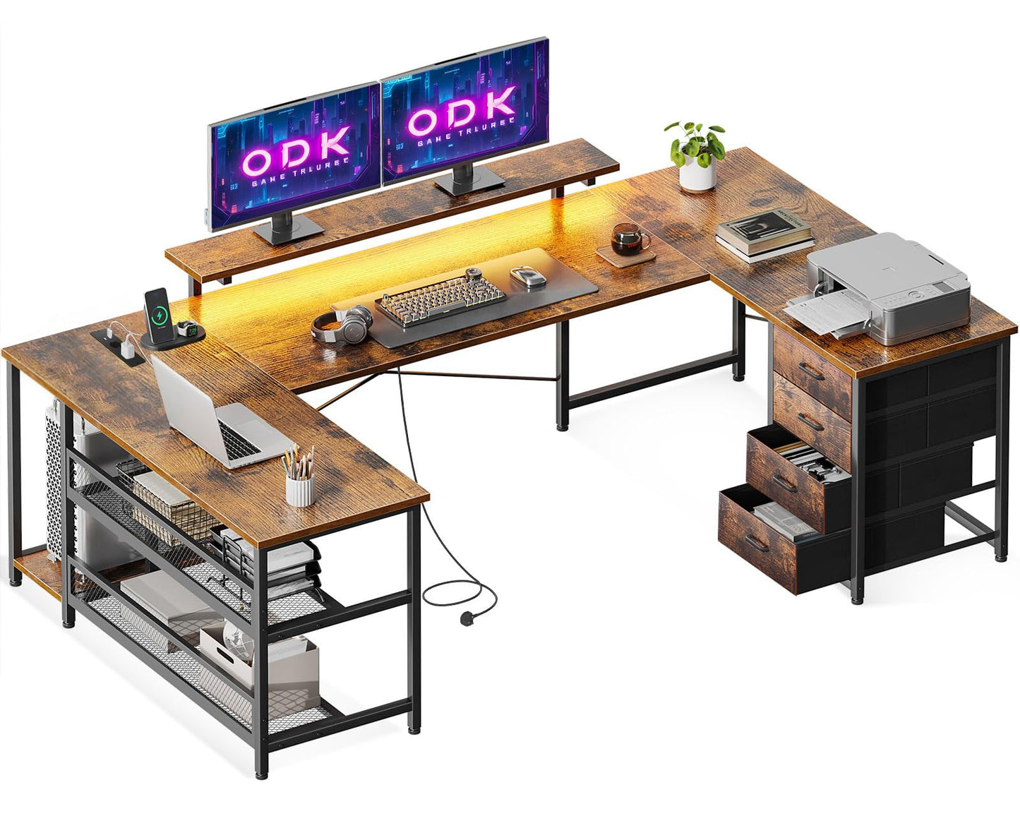 ODK Corner Desk with 4 Drawers and Storage Space, 167 x 102 cm Reversible Corner Desk with 2 Sockets and 2 USB Charging Ports, Gaming Desk with LED and Monitor Stand for Home Office, Black