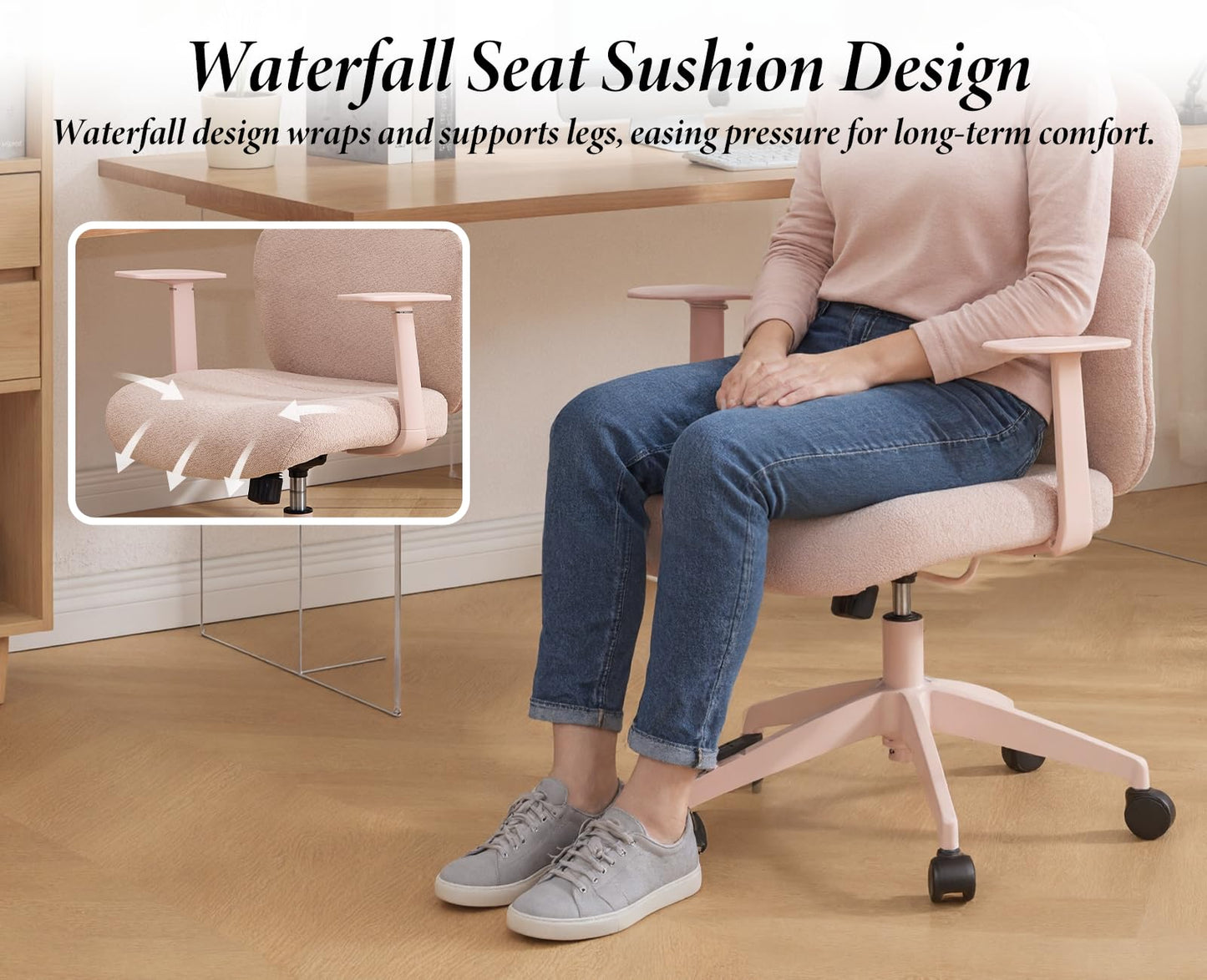 DAYALANE Ergonomischer Bürostuhl, Schreibtischstuhl Wippfunktion Höhenverstellbar aus Chenille, Computerstuhl Drehstuhl für Arbeitszimmer Büro Home Office, Rosa