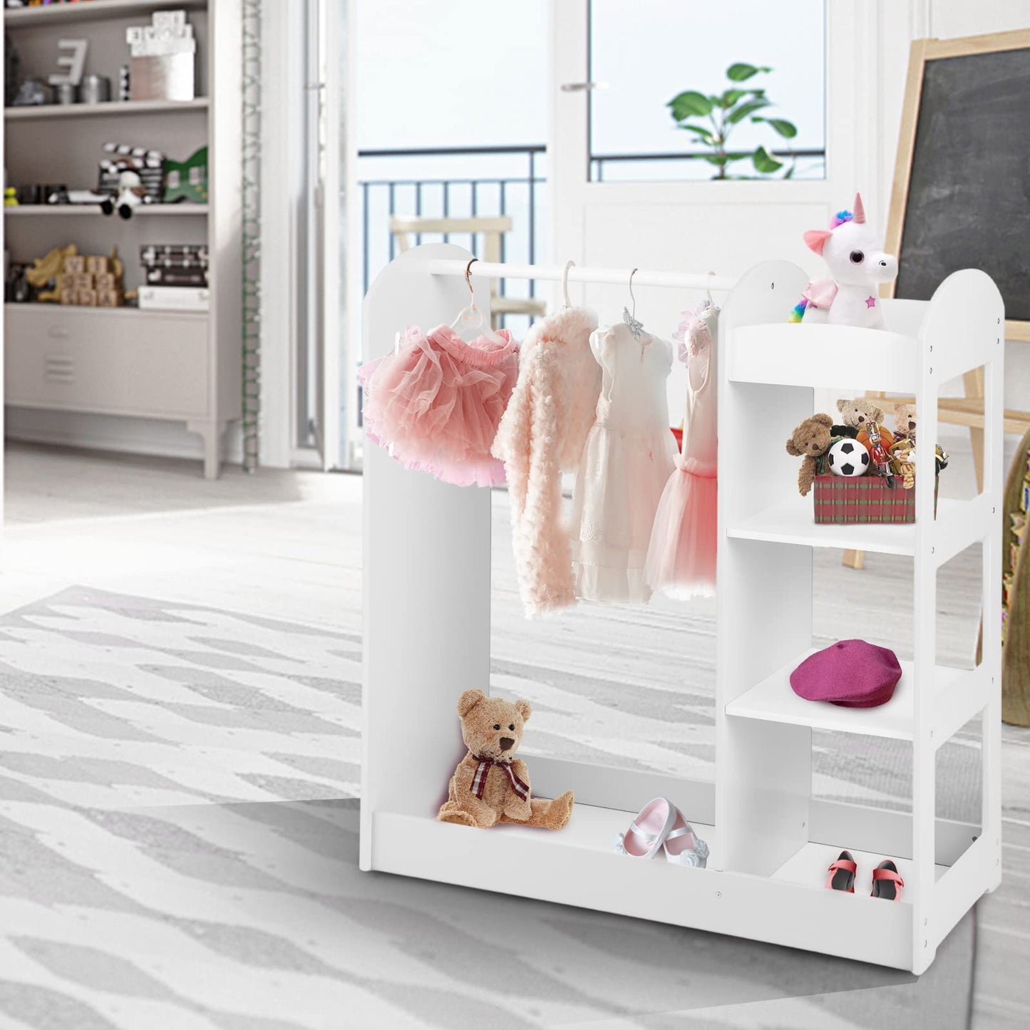 DREAMADE Children's Wardrobe with Mirror and Clothes Rail, Children's Wardrobe with 4 Open Shelves, Children's Clothes Rack for Children's Room, 93.5 x 38 x 100 cm (White)