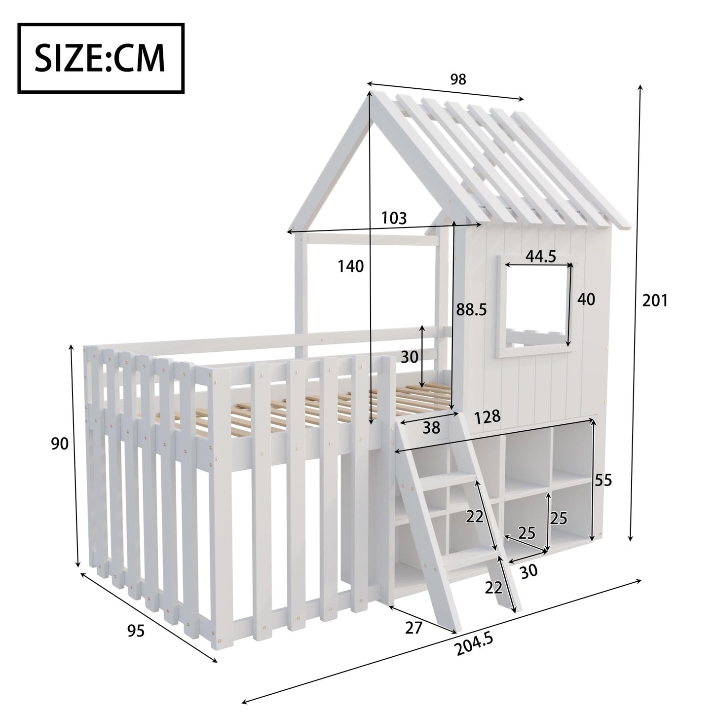 Children's Bed, House Bed 90 x 200 cm, Children's Bed Frame with Roof and Window, with Open Storage Space, with Climbing Ladder, Slatted Frame, Solid Wood Bed, Wooden Bed without Mattress (White)