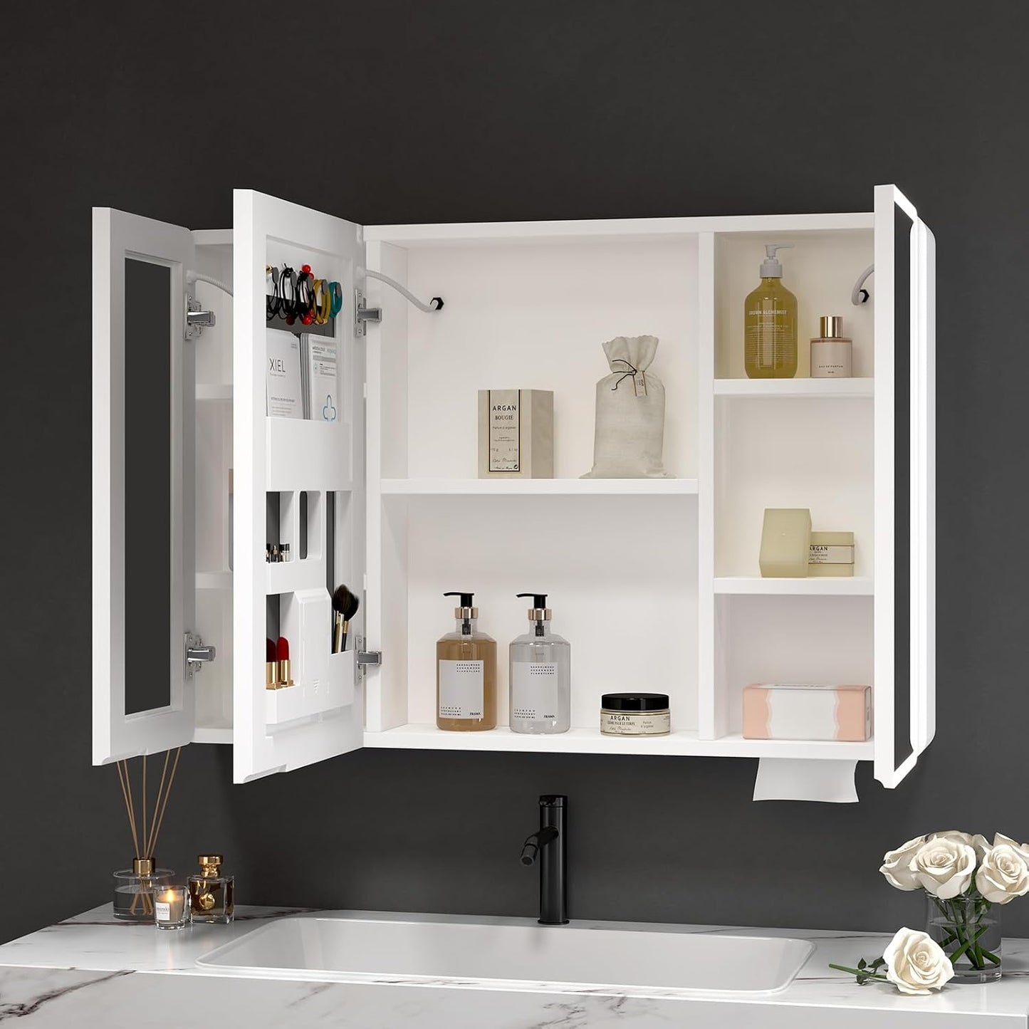 Aovquof Mirror Cabinet with Lighting - 90 x 60 cm Bathroom Mirror Cabinet with Storage Space, Bathroom Mirror Cabinet with Adjustable Dimmable LED Lights with Demist Function, Modern Cream Colour