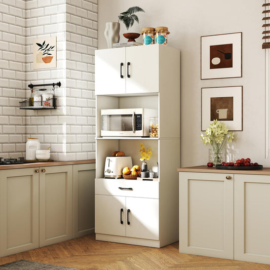 COSTWAY Kitchen Cabinet 168 cm, Buffet Cabinet with Charging Station, 1 USB & 1 Type-C, Storage Cabinet Kitchen with 4 Doors, Drawer, Worktop & 2 Adjustable Shelves, Tall Cabinet Multi-Purpose Cabinet