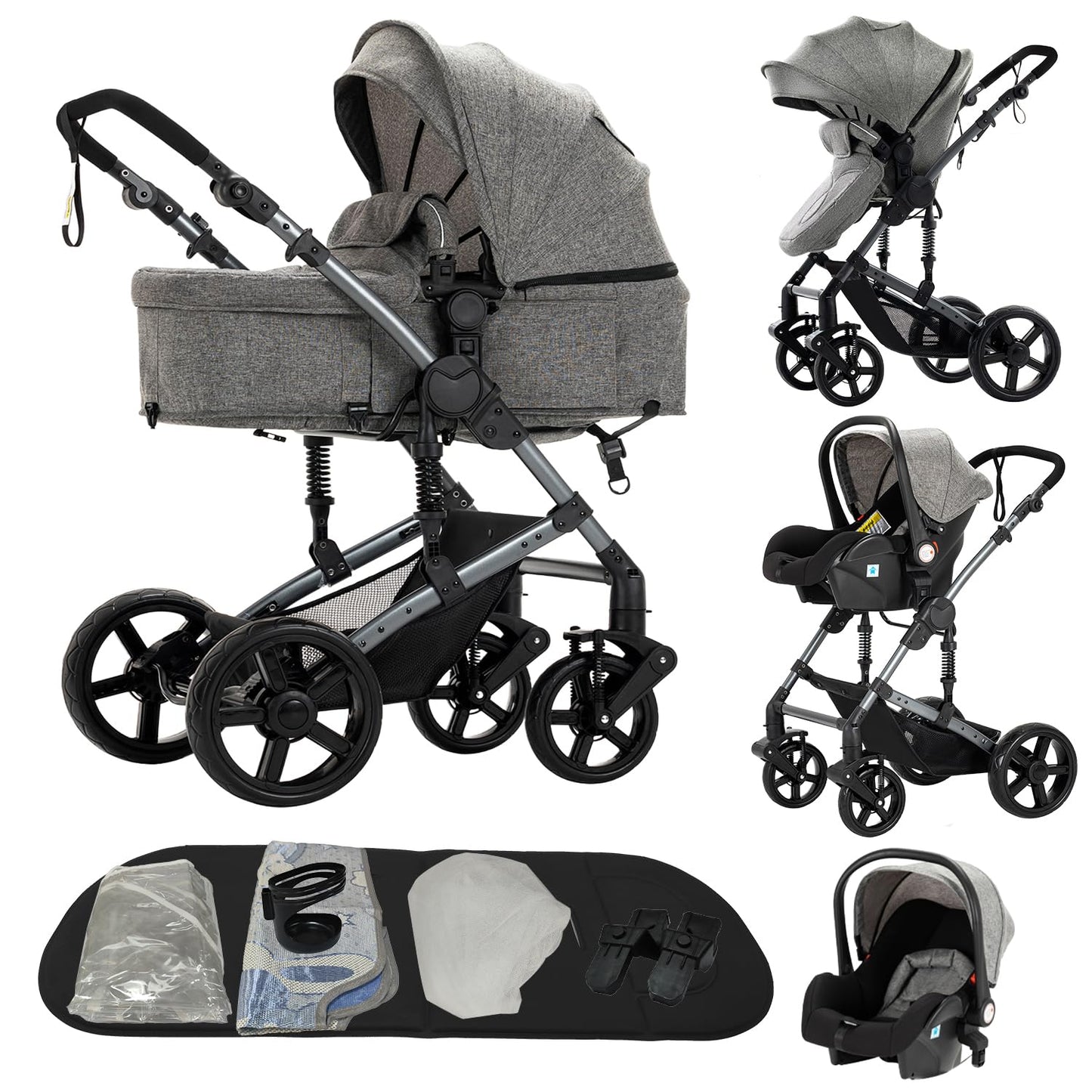 PU Leather Pushchair 3-in-1, Buggy with One-Click Folding Design, Pushchair with Two Reversible Sliding Modes, Combination Pushchair 3-in-1 Complete Set Frame Aluminium Alloy (518 Black)