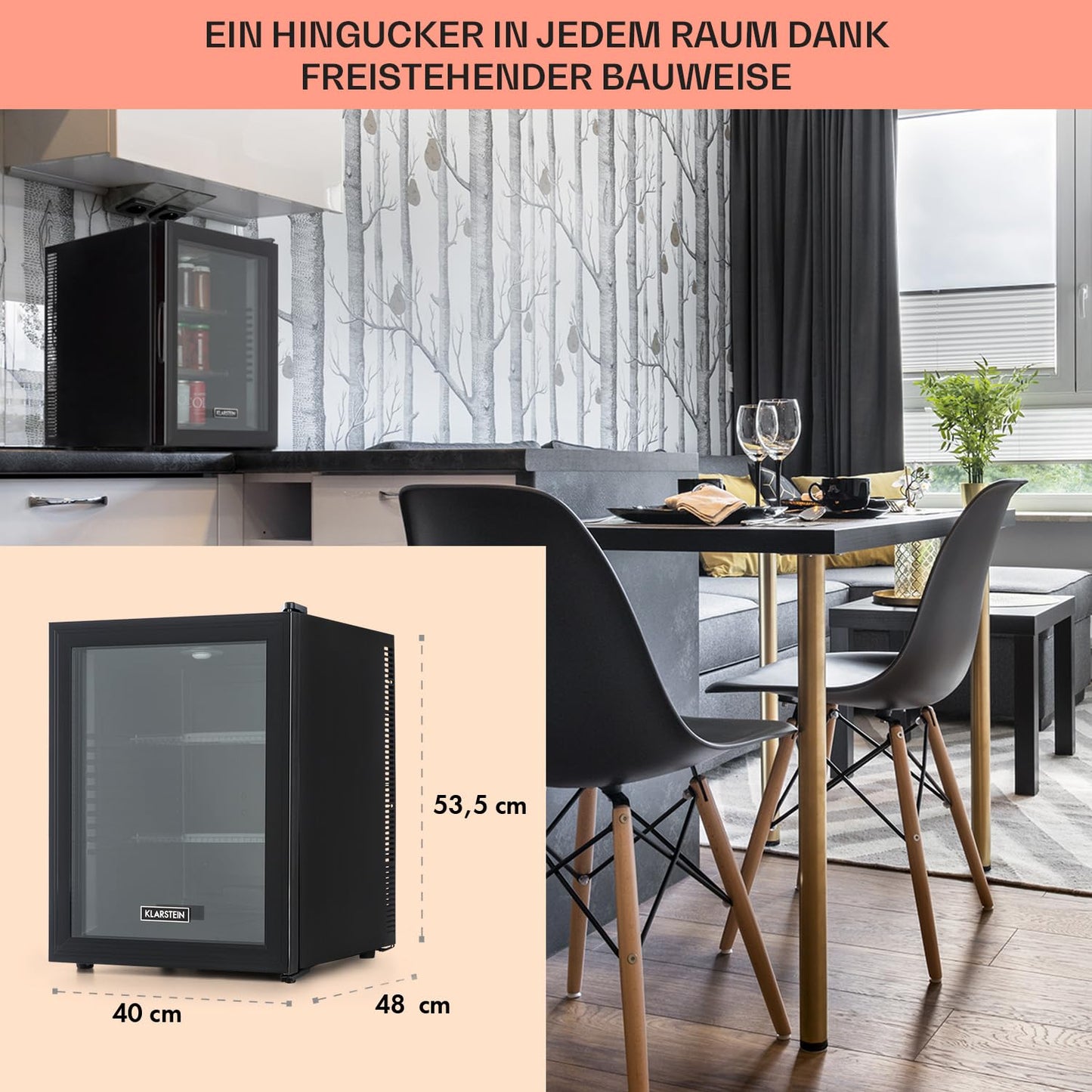Klarstein Kühlschrank, Mini Kühlschrank mit Glastüre, Mini-Kühlschrank für Getränke, Snacks & Kosmetik, Kühlschrank Klein & Leise, Verstellbare Ablagen, Kleiner Skincare Kühlschrank 12-18°C, 23L