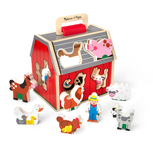 Melissa & Doug Wooden Barn Toy Barn for Travelling with 10 Toy Figures, Farm Toy, Educational Toy for Sorting Shapes and Stacking for Toddlers and Children from 2 Years
