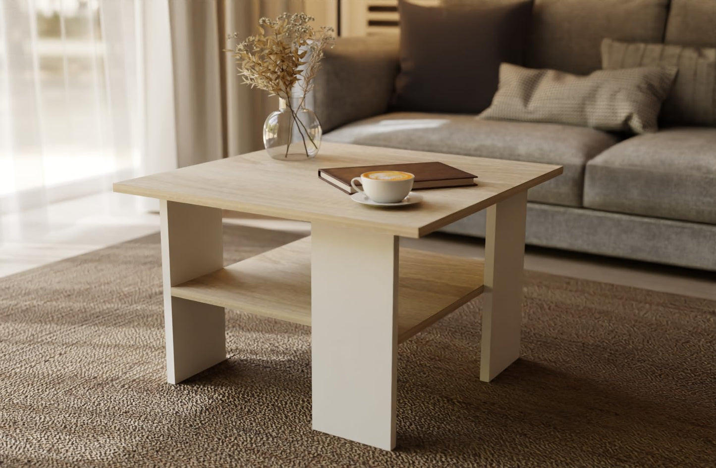 Artisan Coffee Table, Retro Loft Bench, Open Double Shelf, Skate Legs, Ideal for Coffee Get-Togethers, Laminated Top, Large Surface, Guaranteed Stability, White 3