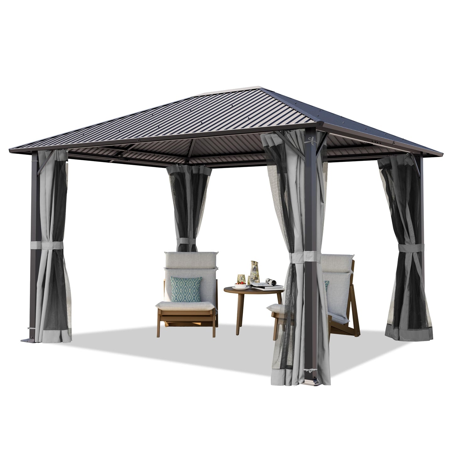 TOOLPORT Garden Gazebo 3 x 3 m with Steel Roof - Hardtop Gazebo with 4 Side Panels and Mosquito Nets in Cream
