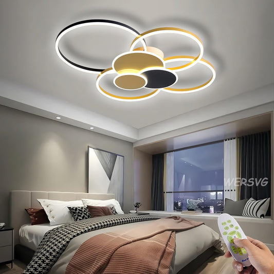 WERSVG L80cm Modern LED Deckenleuchte Wohnzimmer Deckenlampe gold 6-Ring Deckenleuchte 70W 5600LM Dimmbar 3500K - 6500KMit Fernbedienung flurlampe decke, für Wohnzimmer Schlafzimmer Küche Esszimmer