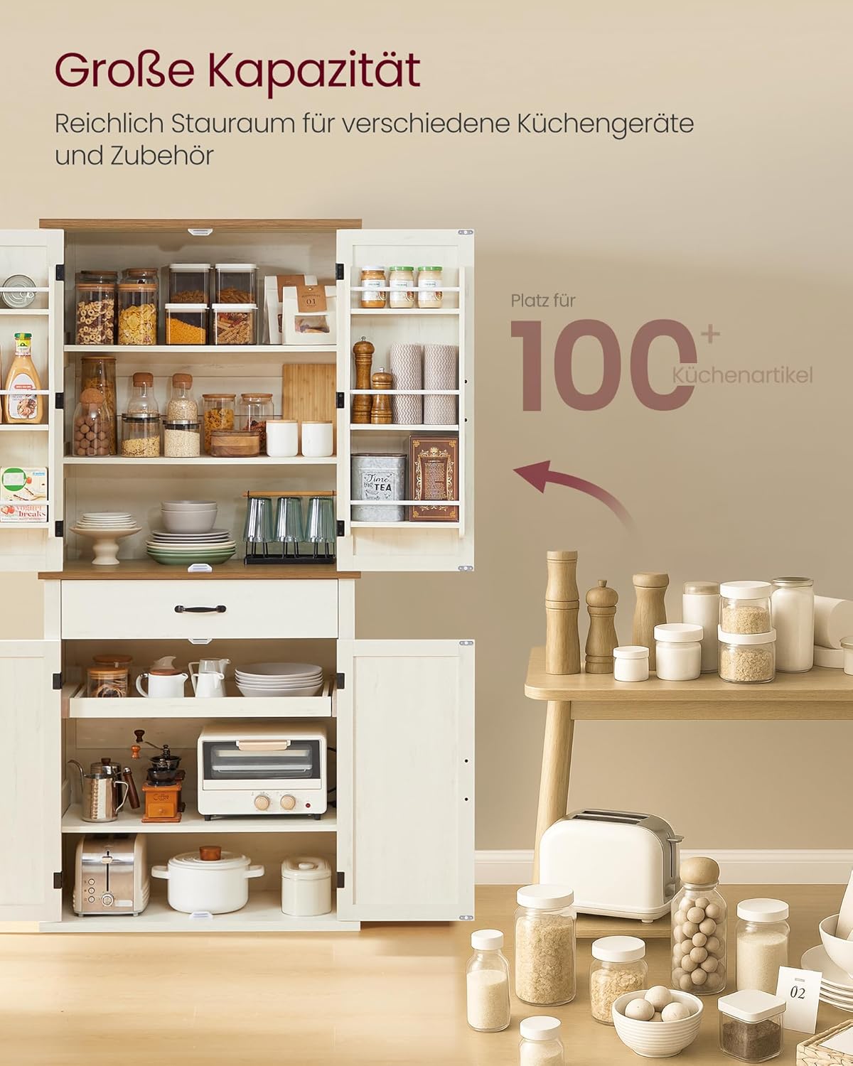 VASAGLE Kitchen Cabinet 70" Tall Multi Purpose Cabinet Country Style with Sliding Doors Drawer Shelf and Adjustable Shelves Kitchen Dining Room Vintage White BBK364W02