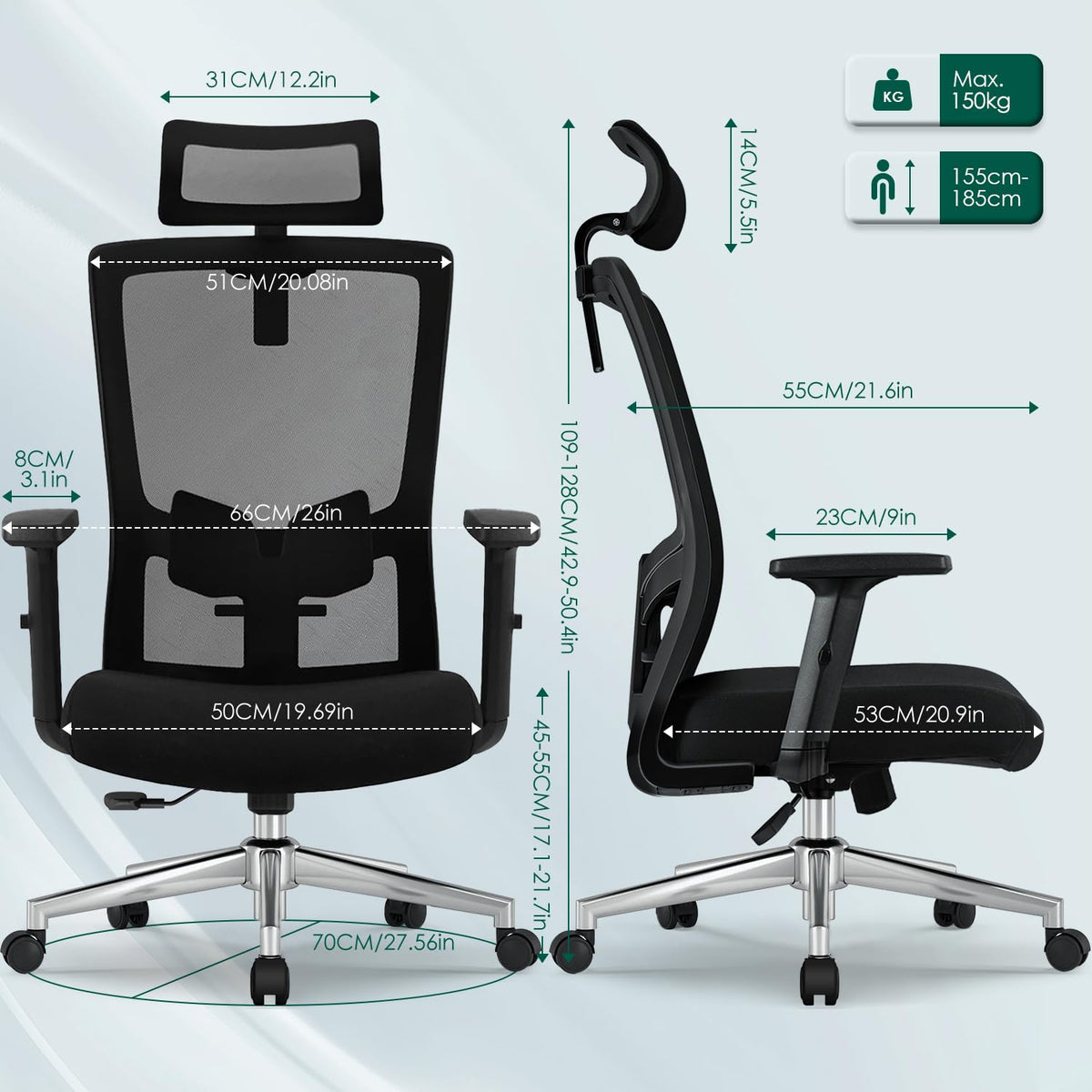 Ergonomic Office Chair with Adjustable Lumbar Support, Armrests and Headrest, Swivel Office Chair 150 kg, Desk Chair, Executive Chair, Rocker Function up to 135°