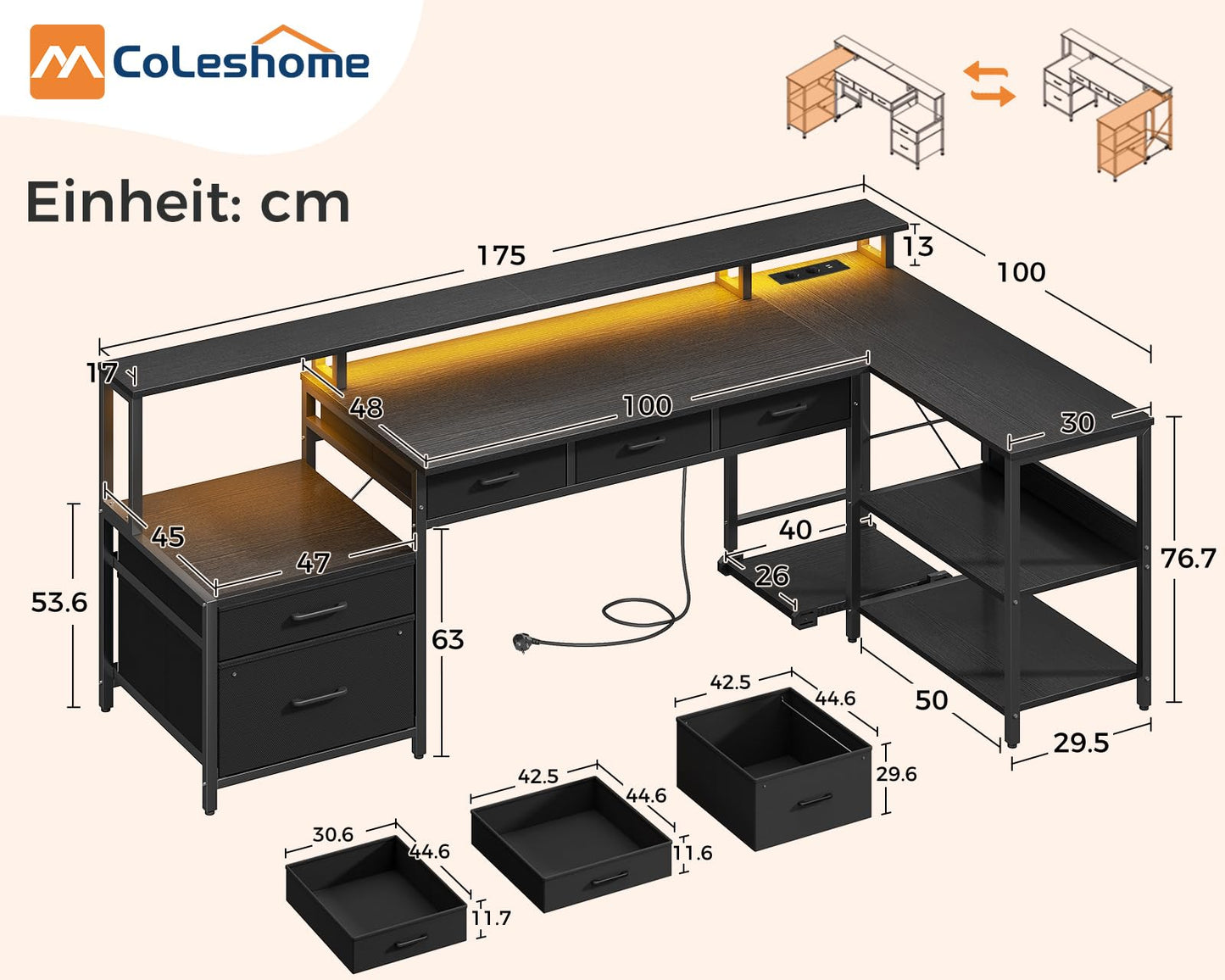 Coleshome L Shape Desk with Drawers, 195 x 100 cm Gaming Table with Socket, LED & Monitor Stand, Reversible Corner Desk with Storage Space, Computer Desk with Shelf for Office, Black
