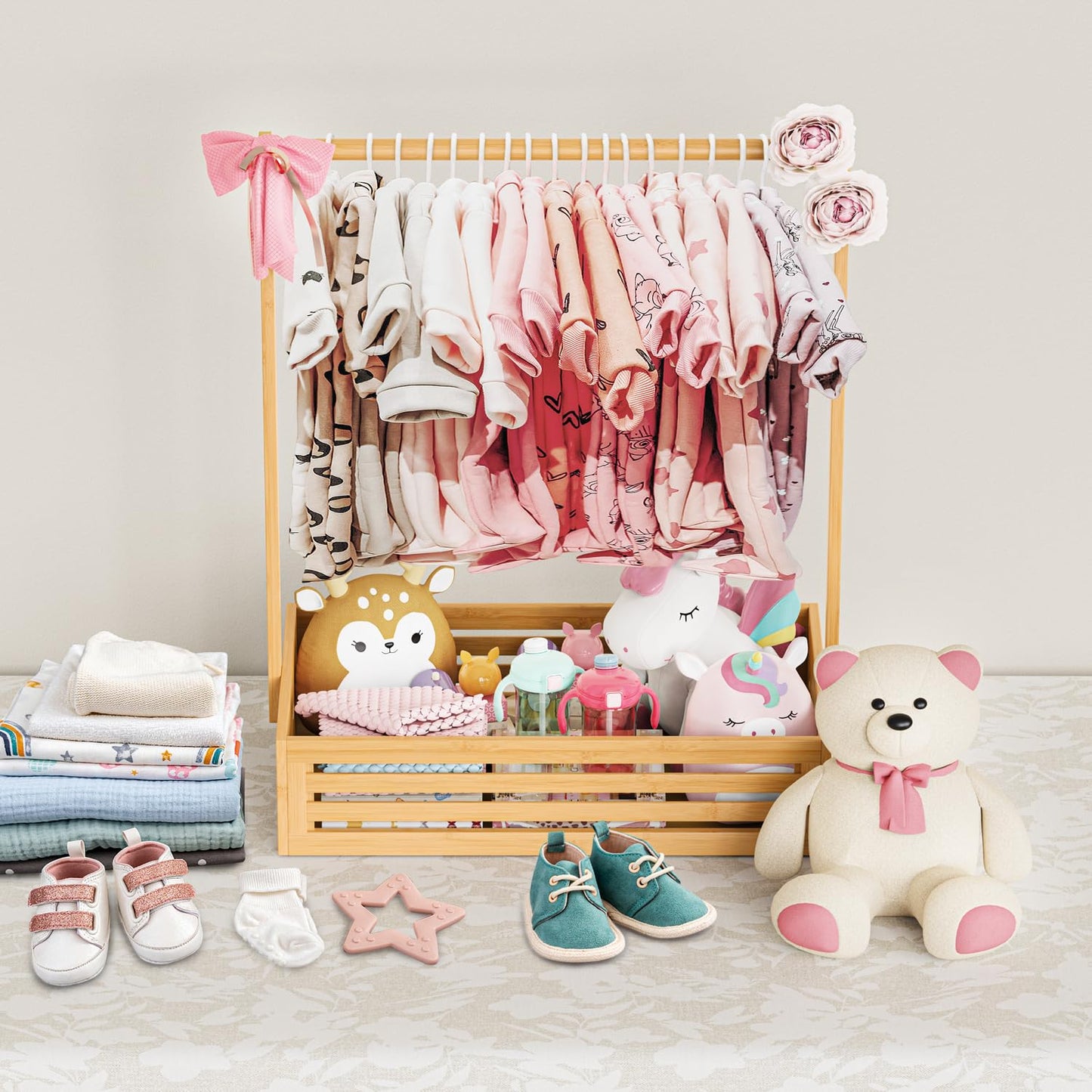 Baby Clothes Rack for Toddlers, Pet Clothes Rack with Storage Box & Adjustable Clothes Rail for Dogs/Cats, Baby Shower Wardrobe with Handle for Children's Room