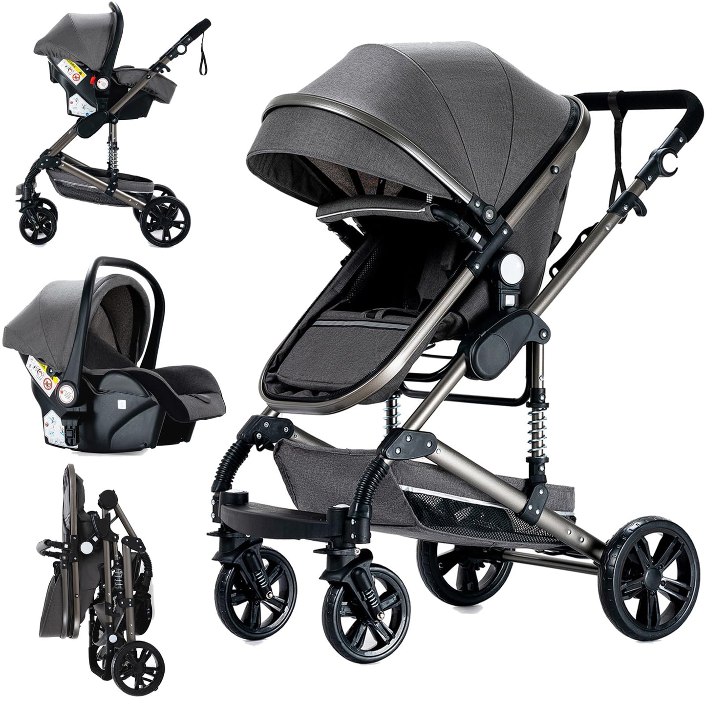 Doraystar 360° Rotation PU Leather Pushchair 3-in-1 Combination Pushchair 3-in-1 with Two Reversible Sliding Modes, Pushchair Complete Set with One-Click Folding Design, Aluminium Alloy Frame (906
