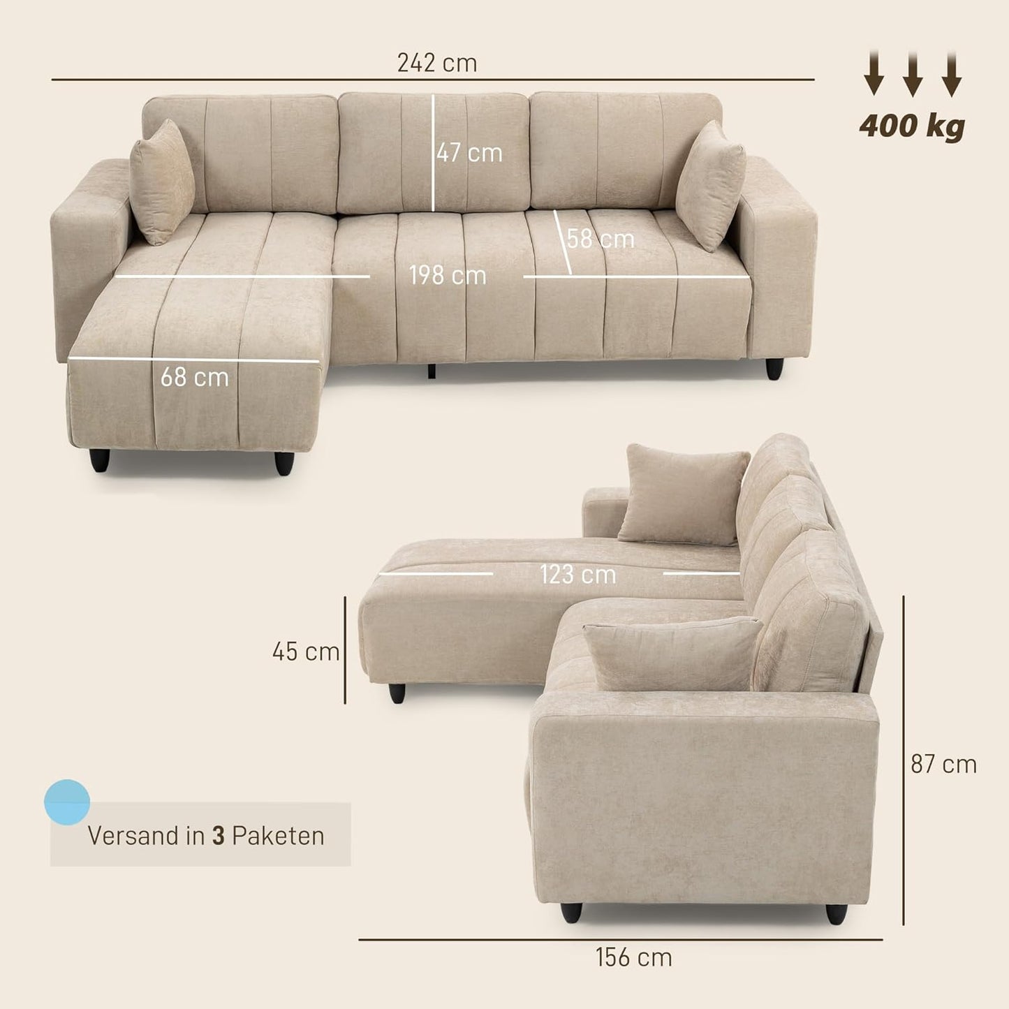 HOMCOM Corner Sofa, 3 Seater Couch with Reversible Chaise Longue, Cushion, L Shape Sofa, Padded Corner Couch with Linen Look for Living Room, Bedroom, 242 x 156 x 87 cm, Beige