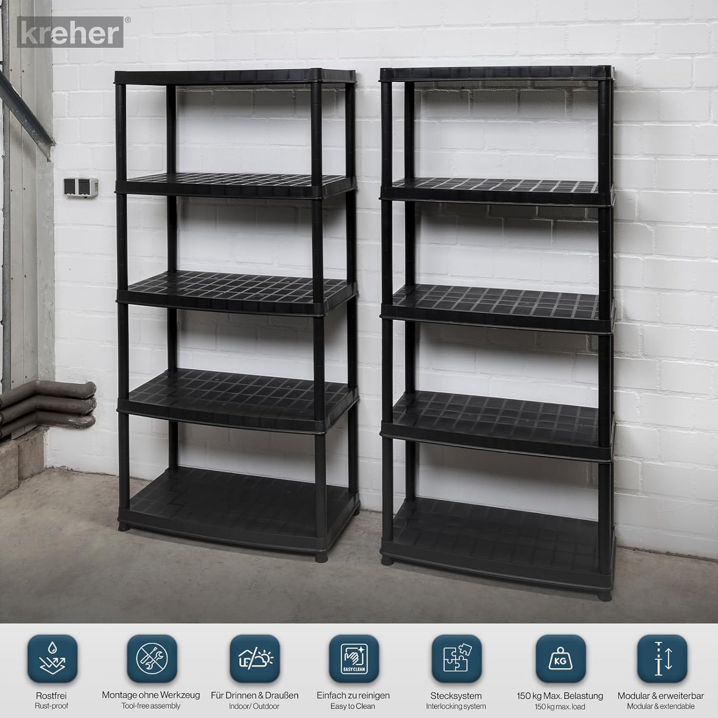 Kreher 3 x Plastic Shelving Basement Shelving Unit Storage Shelving Unit in Black with 5 Shelves Maximum Load 150 kg per Shelf 71 x 38 x 171 H cm TÜV Rheinland