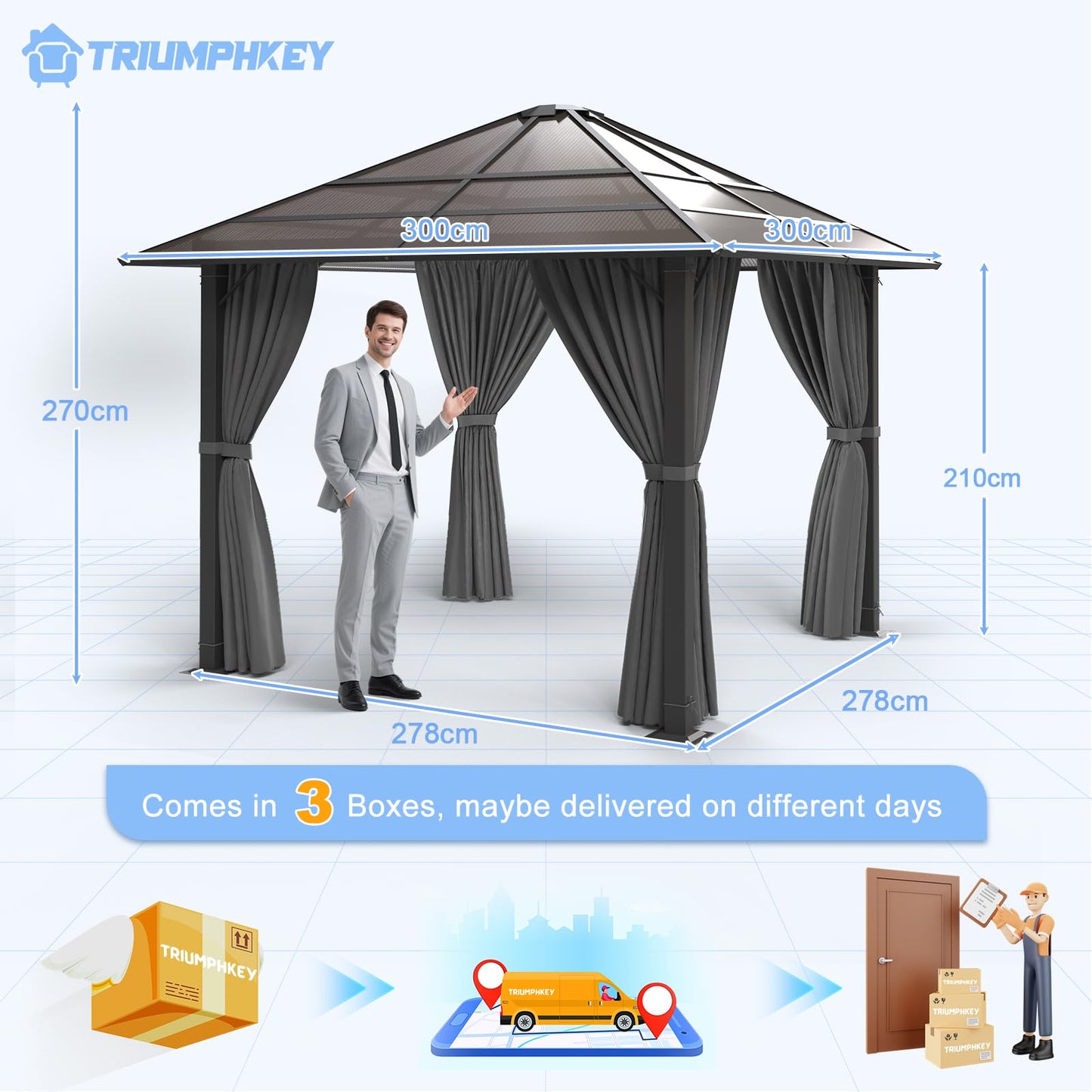 Gazebo 3 x 3 Waterproof Stable Winterproof Aluminium Garden Gazebo with Fixed Roof Protection UV Suitable for Outdoor Scenes Grey