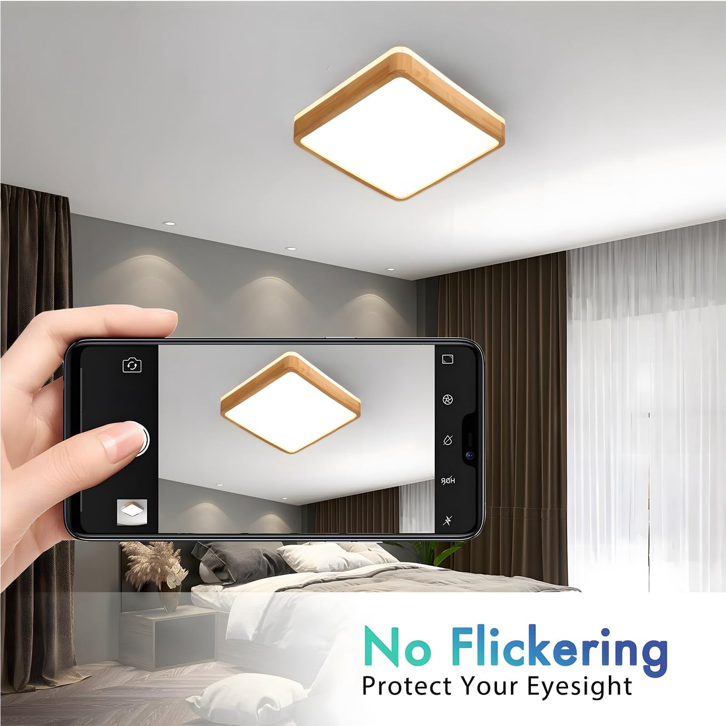 LED Wooden Ceiling Light, Diameter 30 cm, 3000 K, 1620 lm, 18 W, Ceiling Light with Square Top, 360° Luminous Natural Wood, Bedroom, Living Room, Children's Room, Kitchen, Dining Room (Warm White)