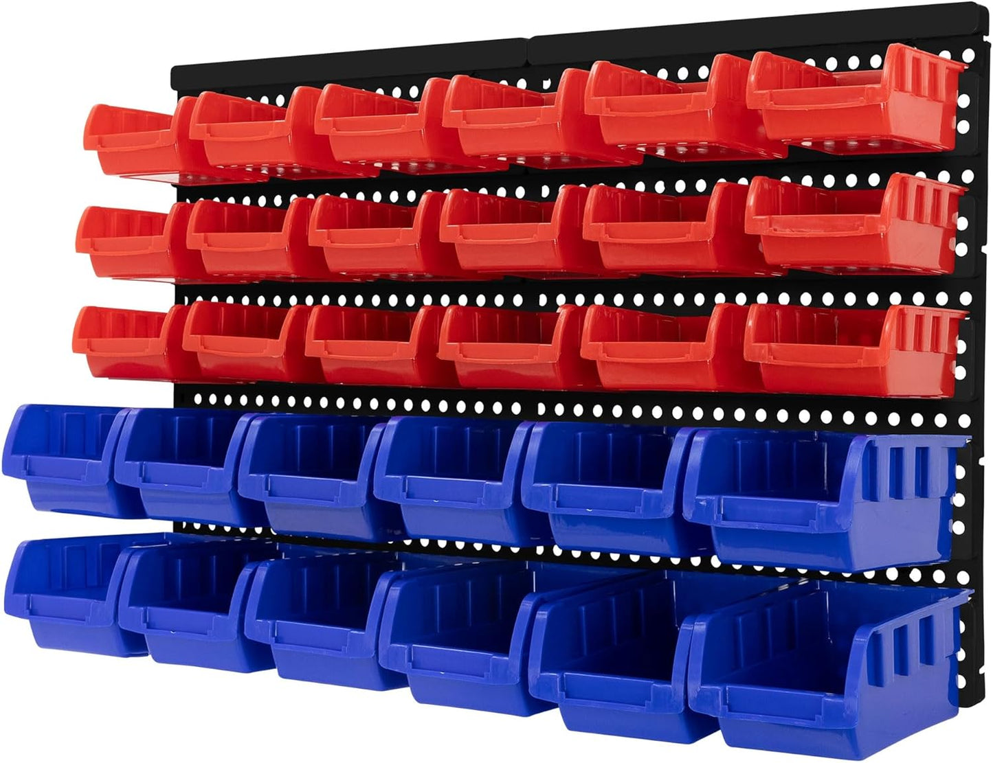 ECD Germany Wall Shelf with Stacking Boxes, 30 Pieces, Blue/Red, 18 Small / 12 Large Pours with Label Compartment, Workshop Shelf, Expandable Small Parts Magazine, Storage System, Storage Shelf,