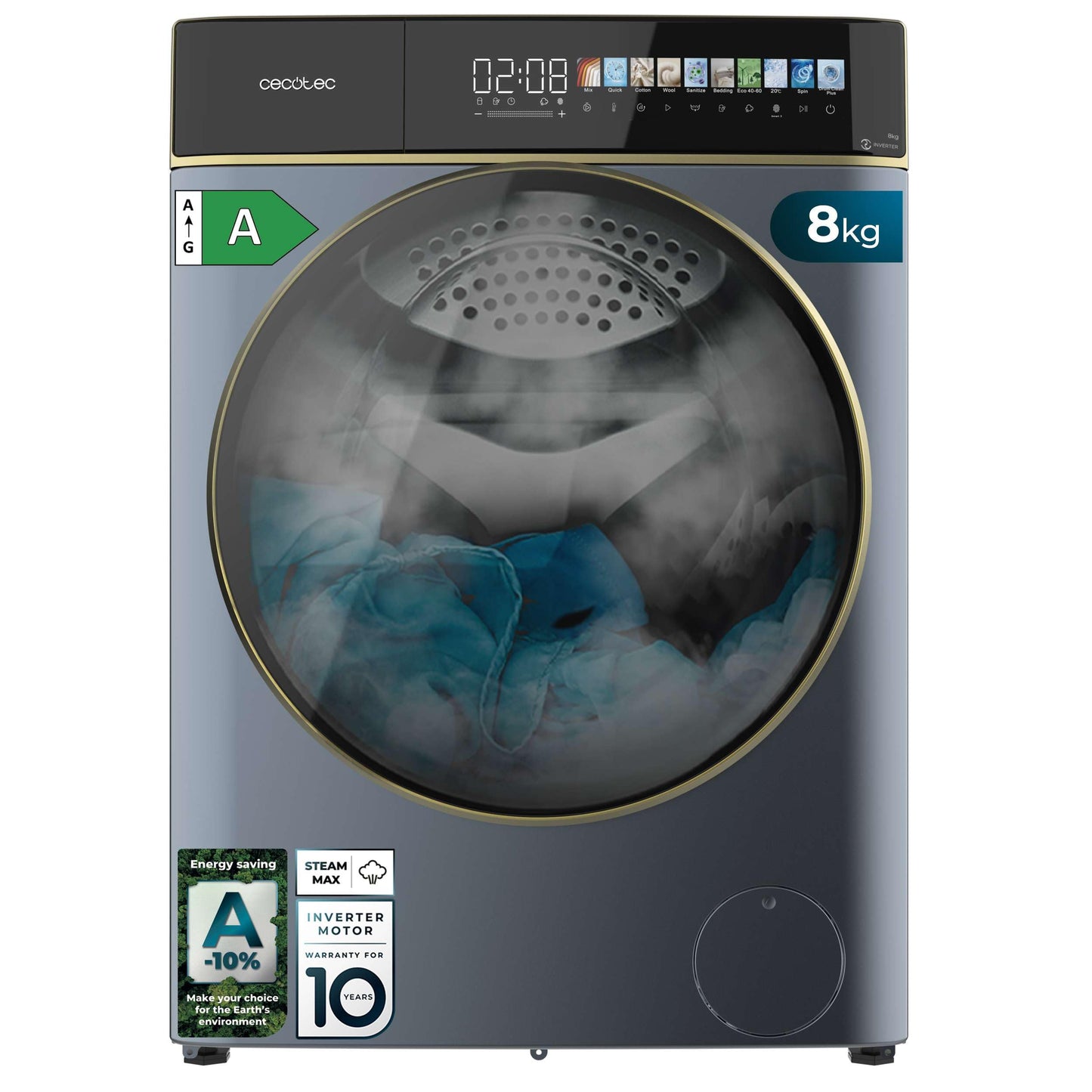 Cecotec Washing Machine 10 kg Front Loader Bolero Dress Code 10950 Car Socket Inverter 3D Steel A. 1400 rpm, Matrix Display 9.2 Inches, 16 Prog, Low Consumption, Inverter Plus Motor, Auto Dosage,